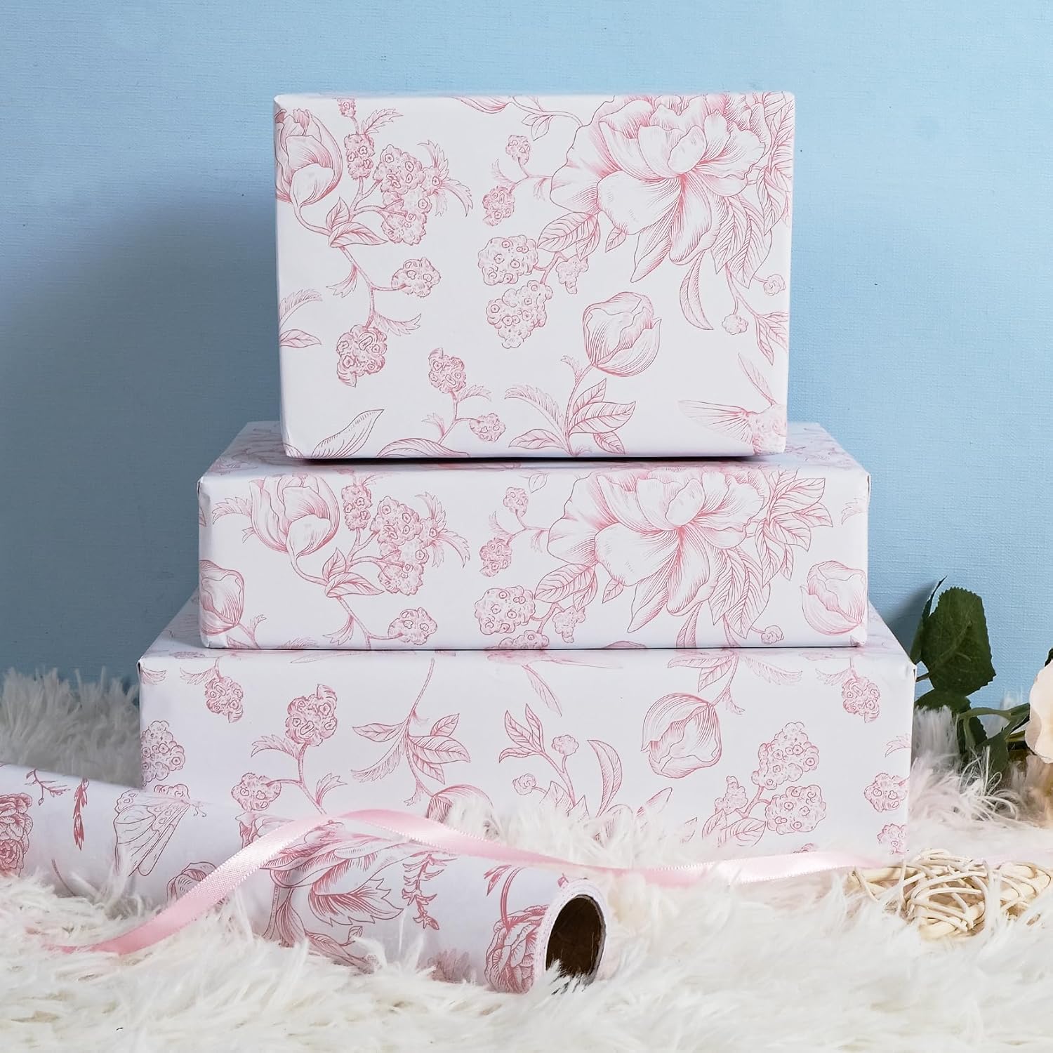 Pink Floral Wrapping Paper Roll 17 in x 32 ft Mini Roll Vintage Toile Flower Gift Wrap Paper for Girls Women Mother All Occasion Wedding Birthday Bridal Shower Party Baby Shower Valentine's Day - Image 5