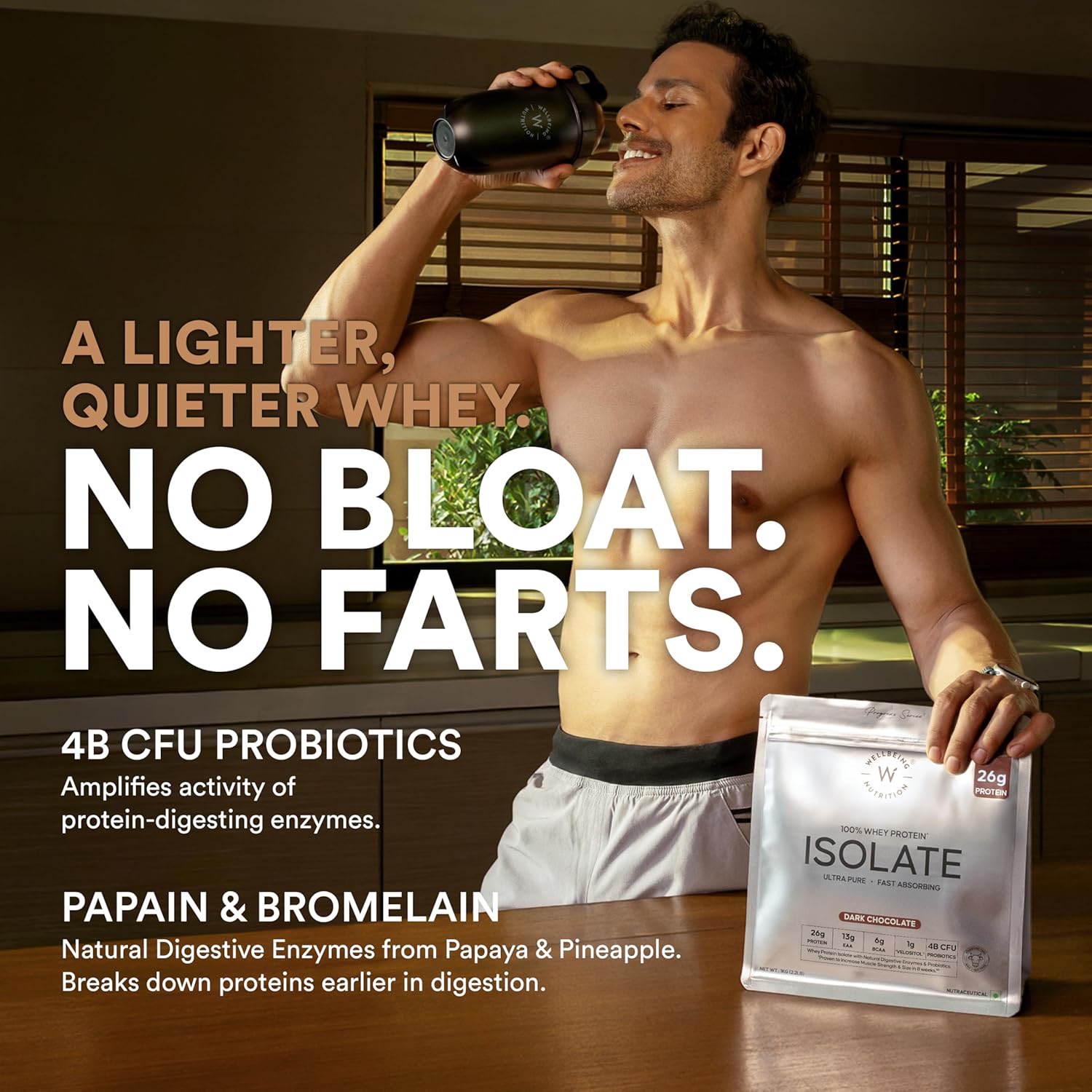 WELLBEING NUTRITION Whey Protein Isolate + Concentrate (Swiss Chocolate) | 24g Protein, 11.5g EAA | Clinically Proven 2X Muscle Protein Synthesis| 4B CFU Probiotics & Digestive Enzymes | 1kg