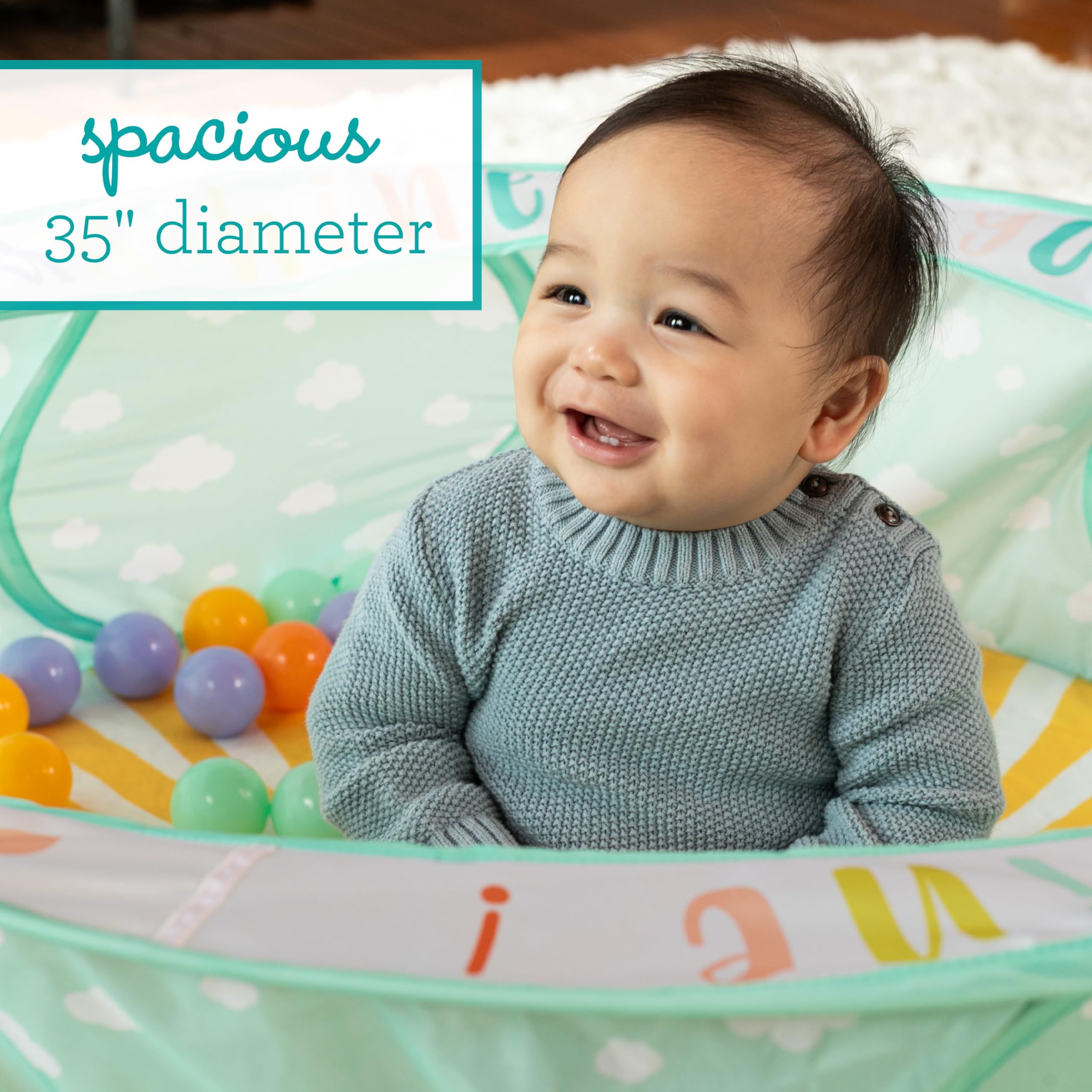 Infantino Pop-Up Bällebad mit 50 Bunten Bällen, Einfacher Aufbau & Platzsparende Aufbewahrung für Babys, Großes Spielzelt 90 cm, Farbenfrohes & Fröhliches Design