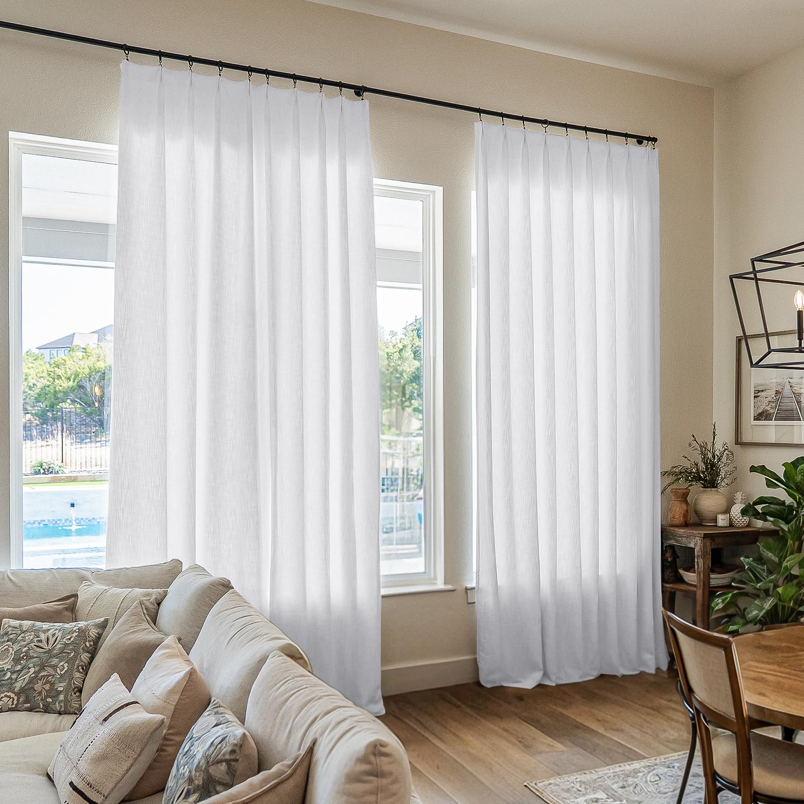 TWOPAGES Paper White Linen Textured Pinch Pleated Curtain 120 Inches Long Heavyweight Cotton Curtain for Living Room Light Filtering Drape (1 Panel,
