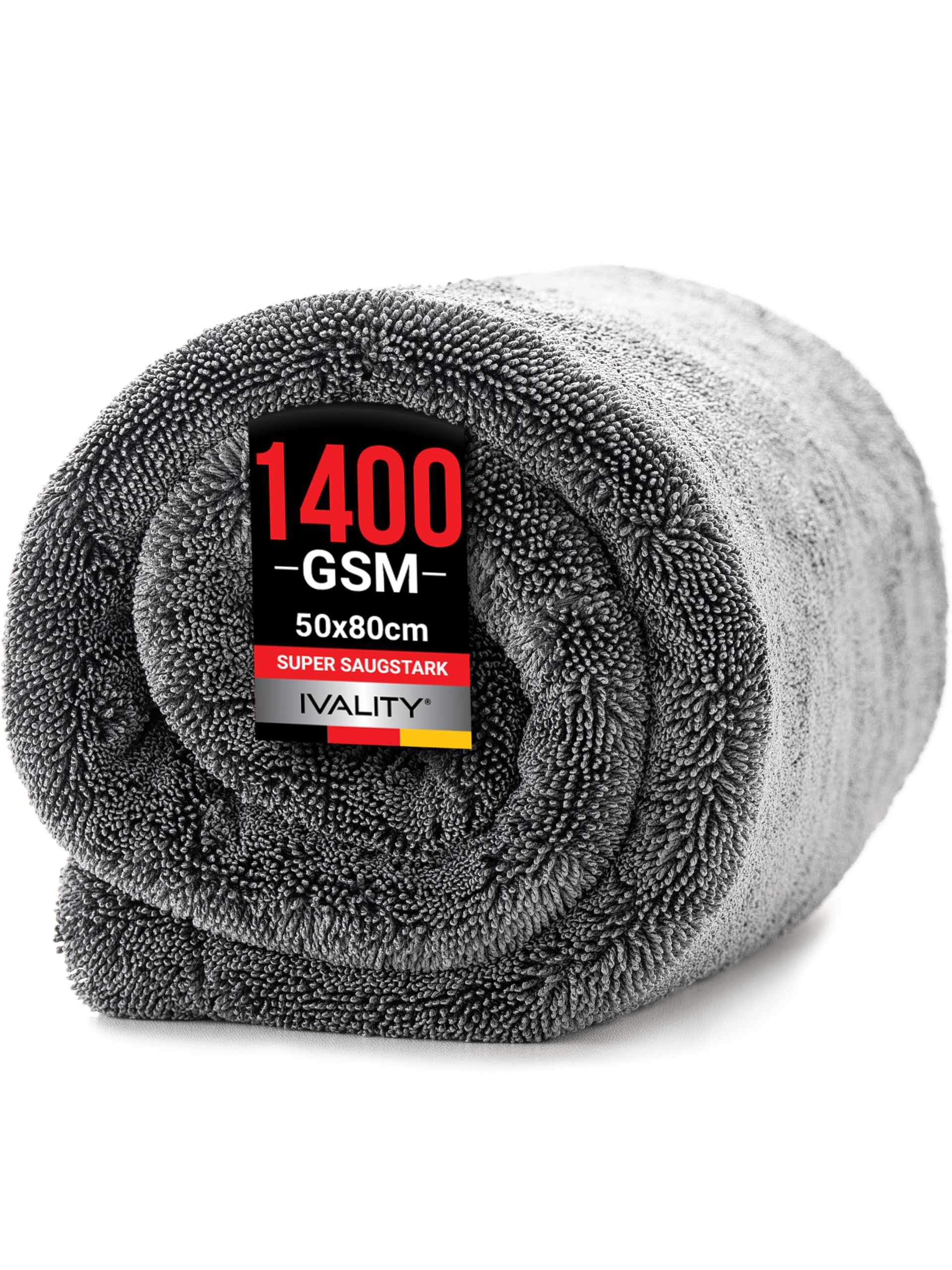 Ivality® Auto Trockentuch XXL 80x50 cm – 1400 GSM Ultra Saugstarke Mikrofasertücher für Autopflege und Motorrad, Fusselfreies, Lack-schonendes Twisted Towel Microfasertuch