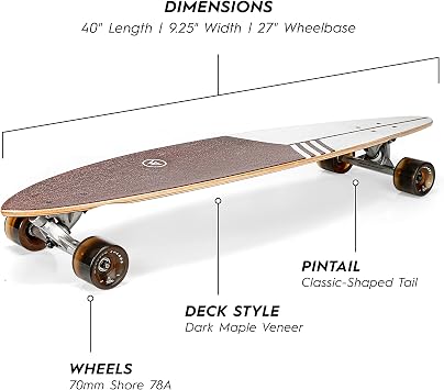 Magneto 40 Inch Pintail Longboard Skateboard | Dark Stained Hard Maple Core Long Board Deck | Cruiser Skateboards, Carver, Freestyle | Skateboard for Adults Teenagers Men Women | Free Skate Tool