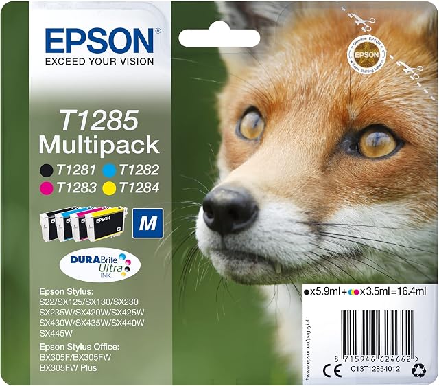 Epson T1285 Fox Genuine Multipack, 4-colours Ink Cartridges, DURABrite Ultra Ink,Black/Cyan/Magenta/Yellow