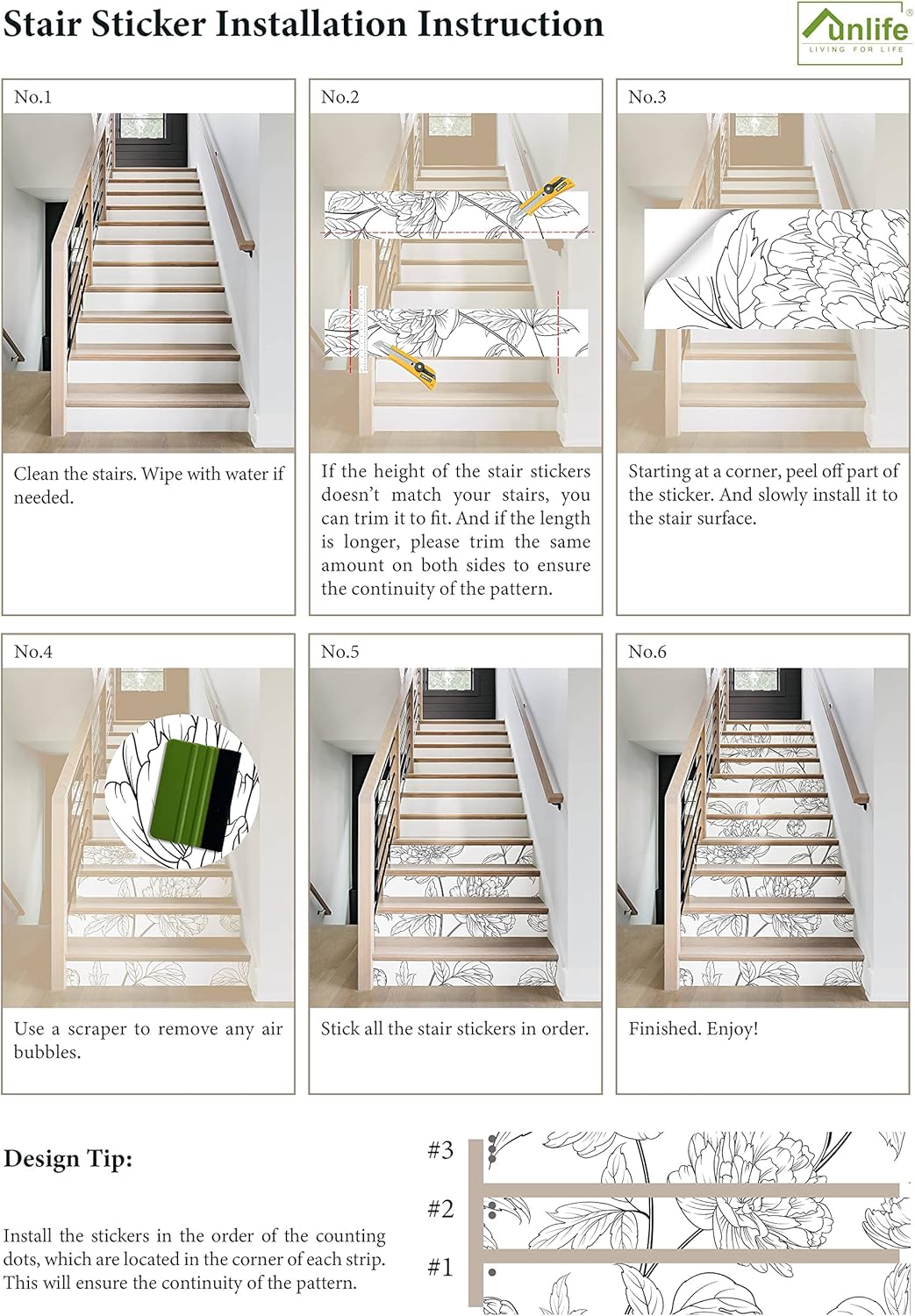 funlife 15Pcs Vinyl Peel and Stick Stair Riser Stickers, Self-Adhesive Staircase Riser Decals, 39.37"x7.09" Large Vintage Sketch Peonies