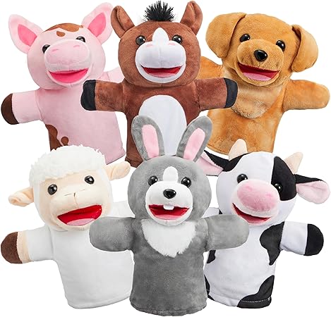 JOYIN 6Pcs Kids Hand Puppet Set with Working Mouth, Toddler Plush Toy Includes Pig, Sheep, Dairy Cow, Dog, Goat, and Horse for Show Theater, Birthday Gifts for Boys Girls, Gifts for Christmas