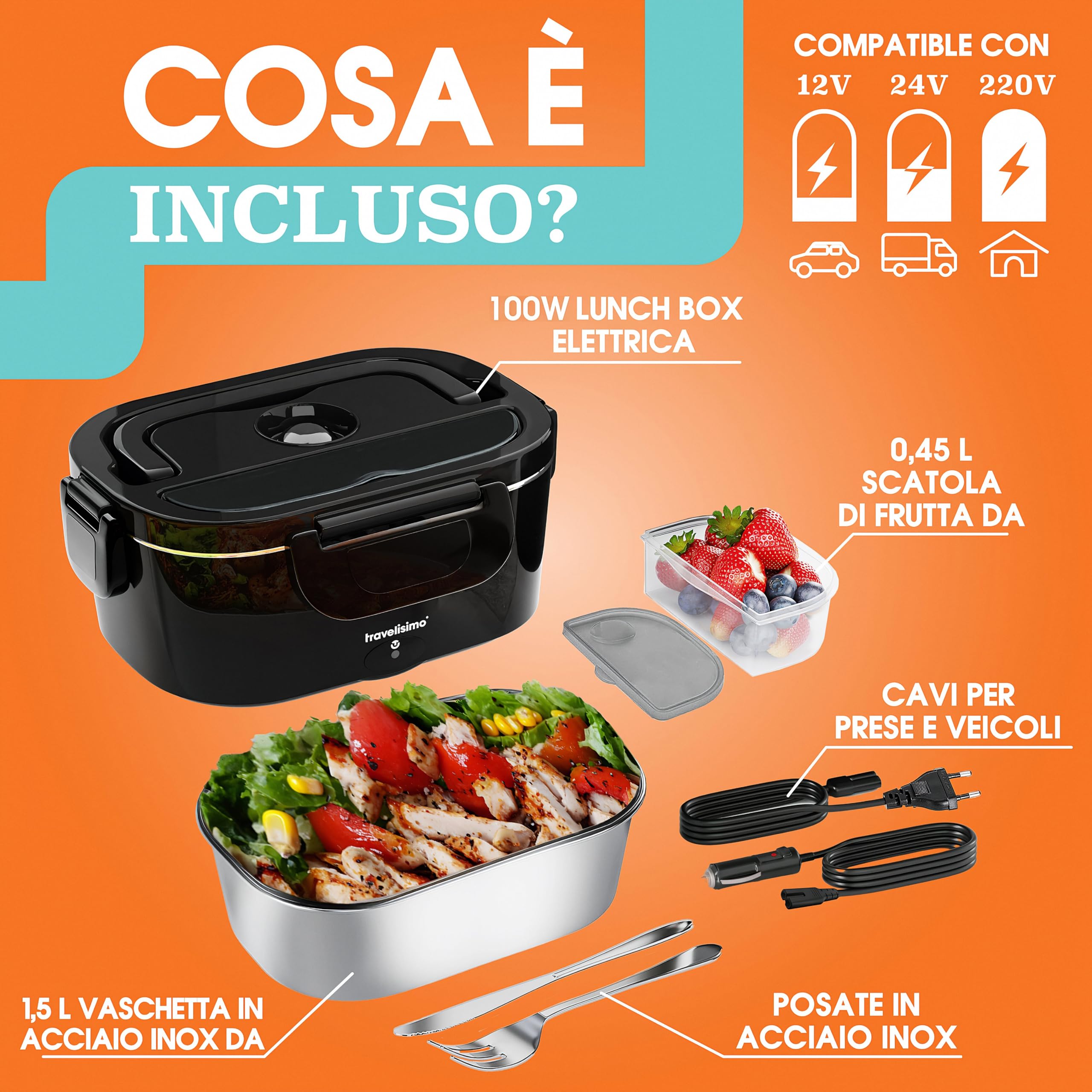 TRAVELISIMO Scaldavivande Elettrico Portatile 100W 1,5L Porta Pranzo Termico 220V/12V/24V Schiscetta Pranzo Riscaldabile per Viaggio e Lavoro Portavivande Termico & Porta Pranzo Riscaldabile