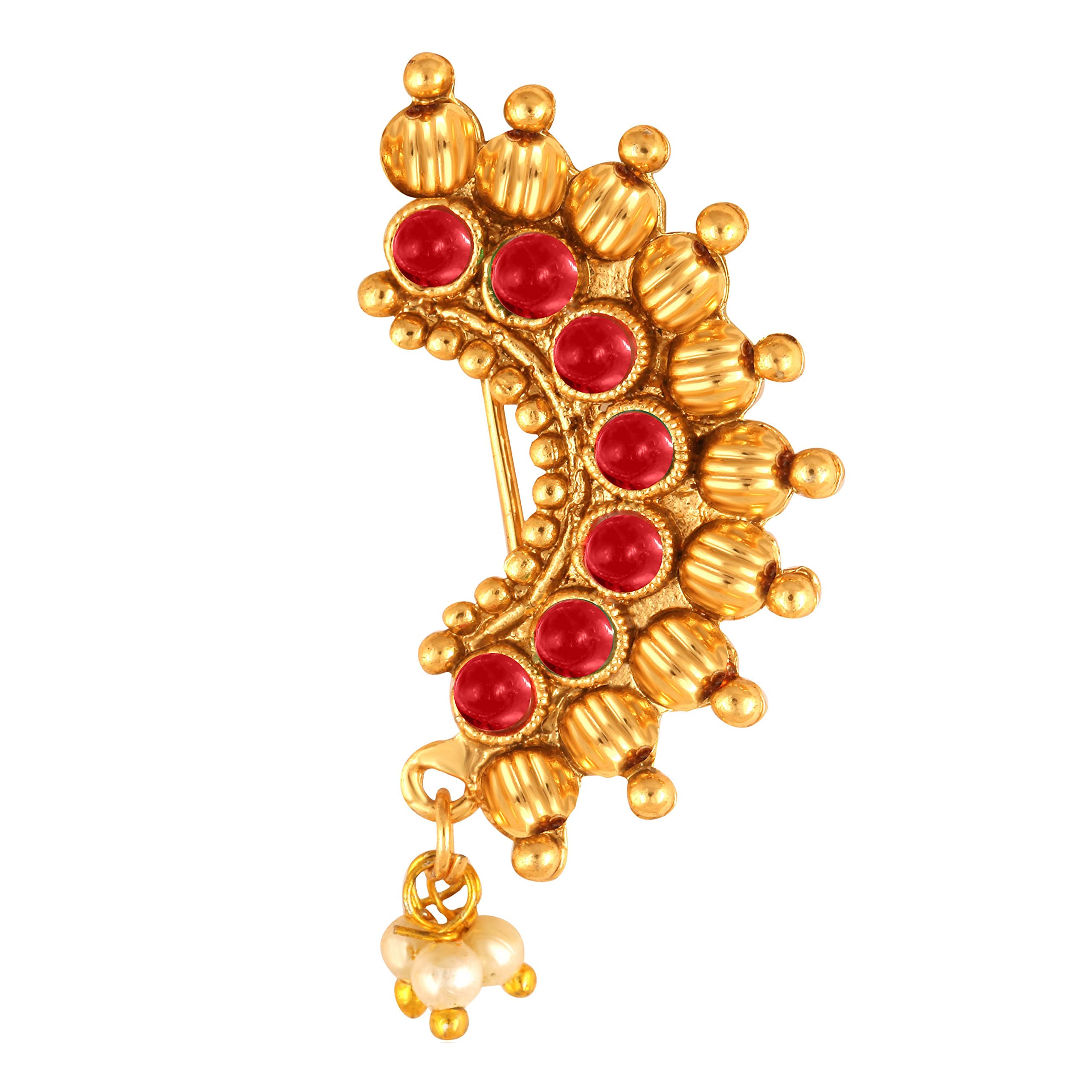 Vighnaharta Gold Plated with Pearl Alloy and Artificial stone Non Piercing Maharashtrian Nath Nathiya./ Nose Pin valentine day gift valentineday gift for her gift for him gift for women gift for women [VFJ1113NTH-Press-Red]-image-36