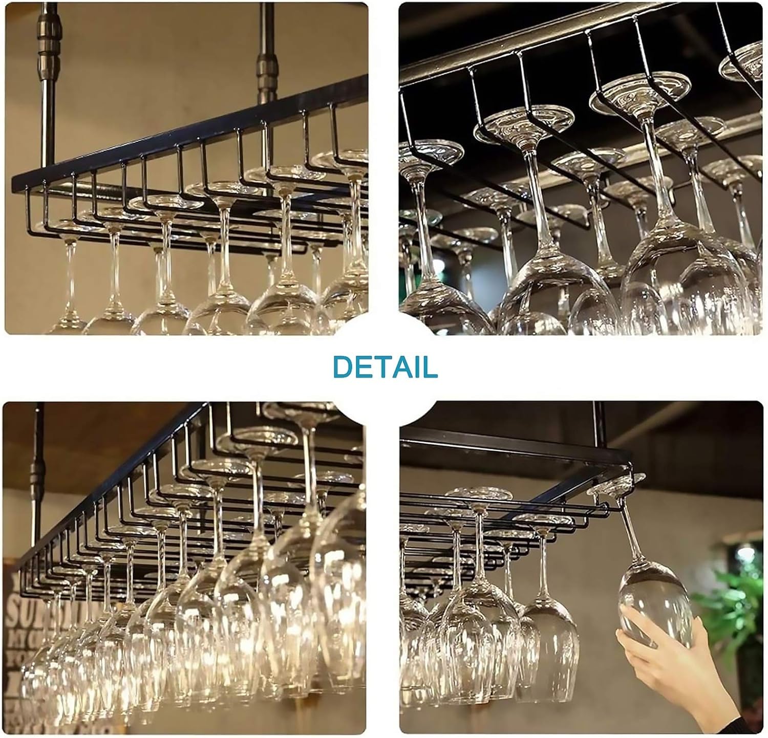 Wine Rack Retro Goblet Cup Holder Suspension Wine Glass Rack Wrought Iron Hanging Display Stand Ceiling Decoration Shelf for Bar/Club/Restaurant/Kitchen,Black-90x35cm