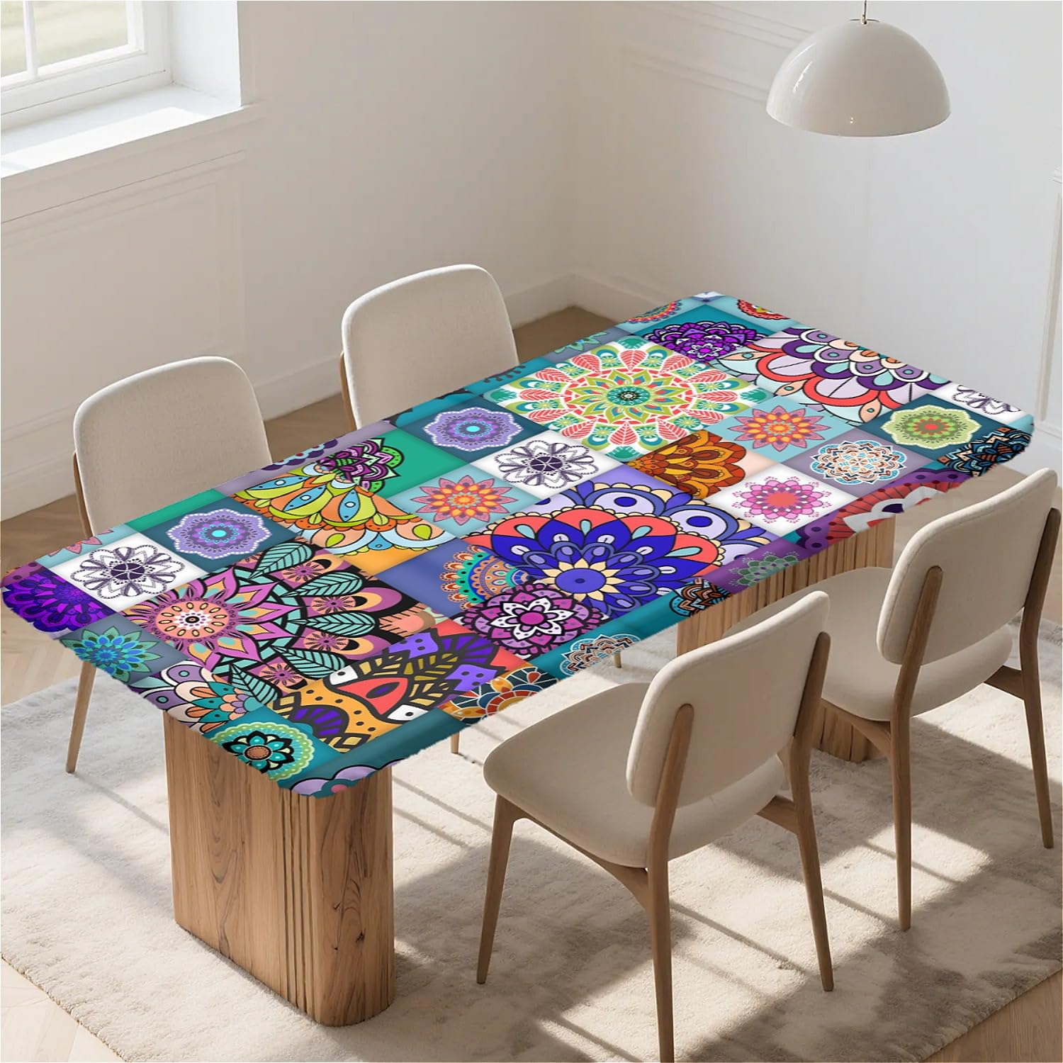 ARTSGOO Rectangle Table Cloth Wipe Clean 65x35 in, Waterproof Tablecloth with Elastic Edge Table Cover for Kitchen Dining Table/Party/Outdoor-Boho