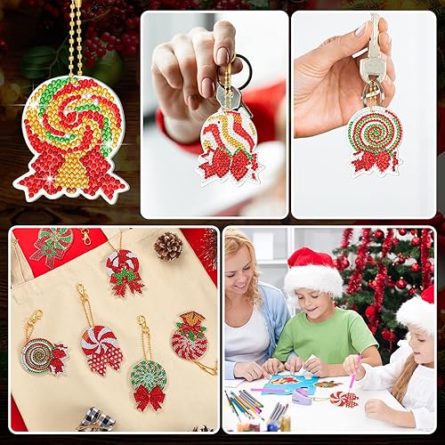 Miniatura 7 de 15 piezas de llavero y adornos de pintura de diamantes de Navidad, arte de diamante de cacao caliente 5D para niños, manualidades de Navidad