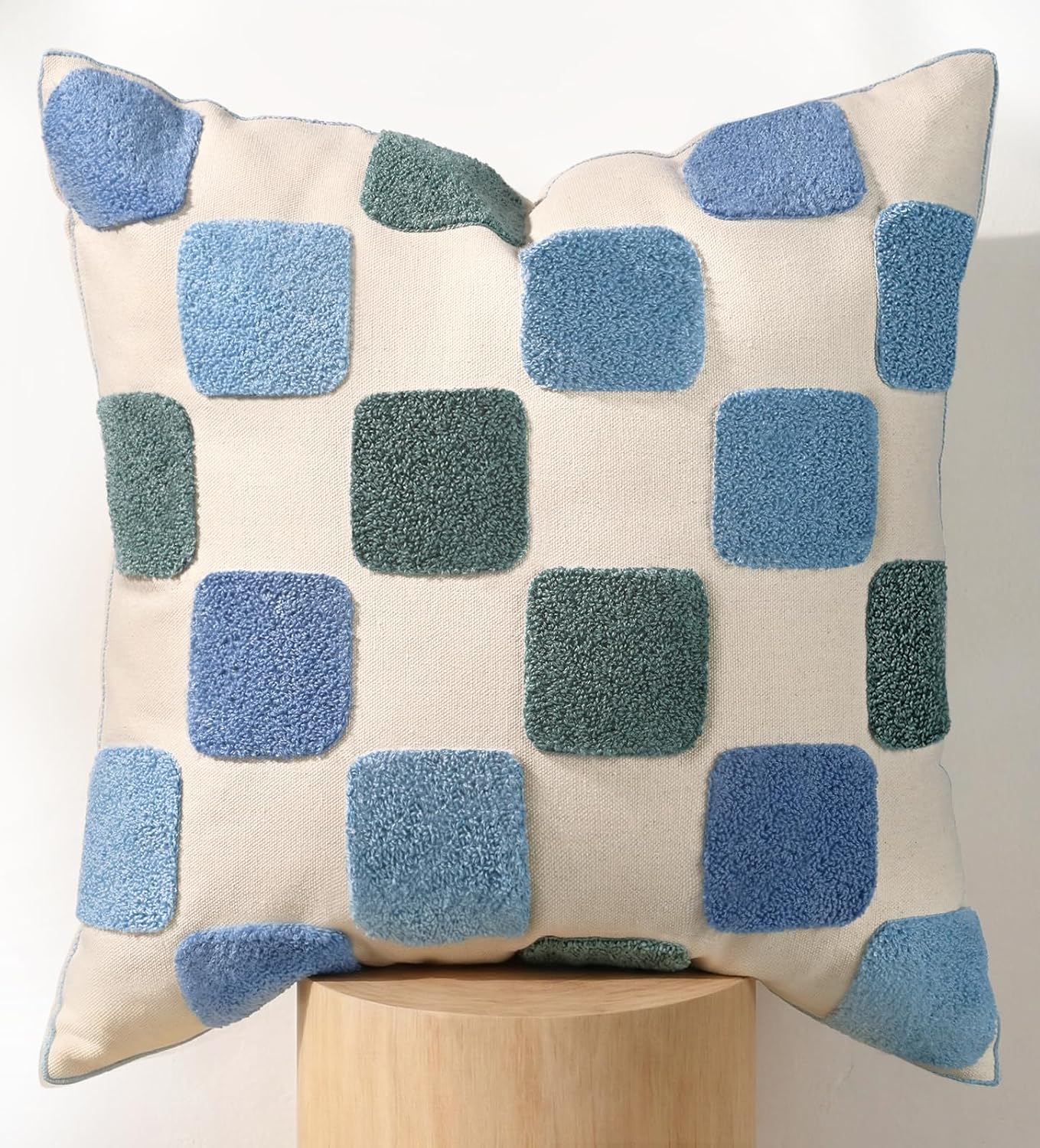Embroidered Throw Pillow Cover 18x18 Inch, Colorful Plaid | Decorative Pillow Cover, Eclectic Canvas Cushion Case with Hidden Zipper, Country Decor for Couch, Sofa, Living Room, Bed