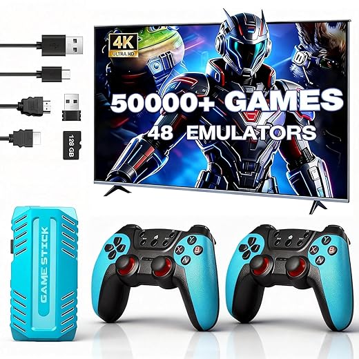 UWDFH Retro Gaming Console, 2026 Gaming Stick Pro, 50000 Games -128GB, 4k HDMI Output, and 2.4GHz Wireless Controller, 48 Classic Emulators, Plug and Play Video Games for TV (Blue) (Blue)