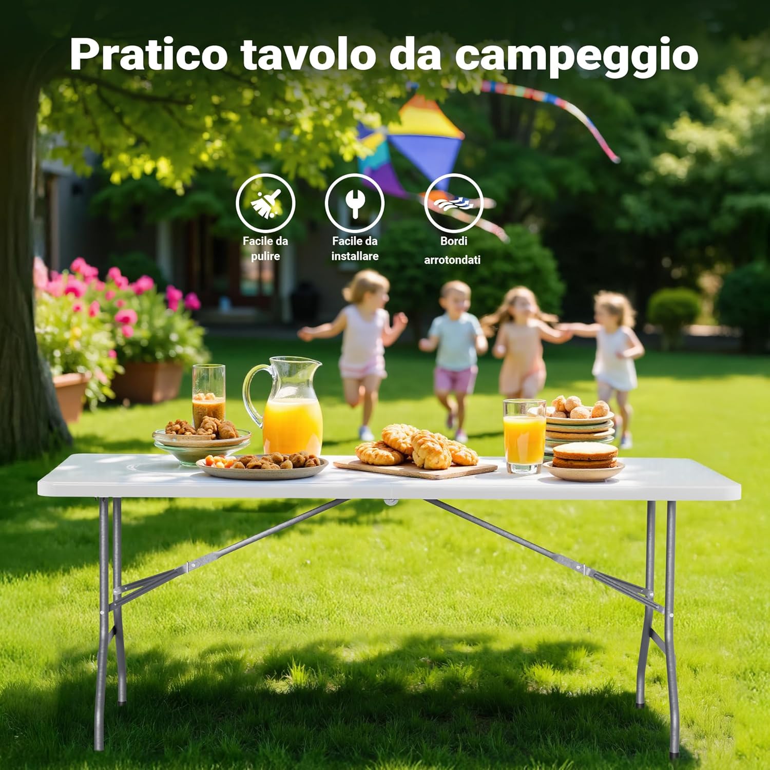 Wiltec Folding Camping Table in a garden setting with children playing, highlighting its easy-to-clean surface and rounded edges