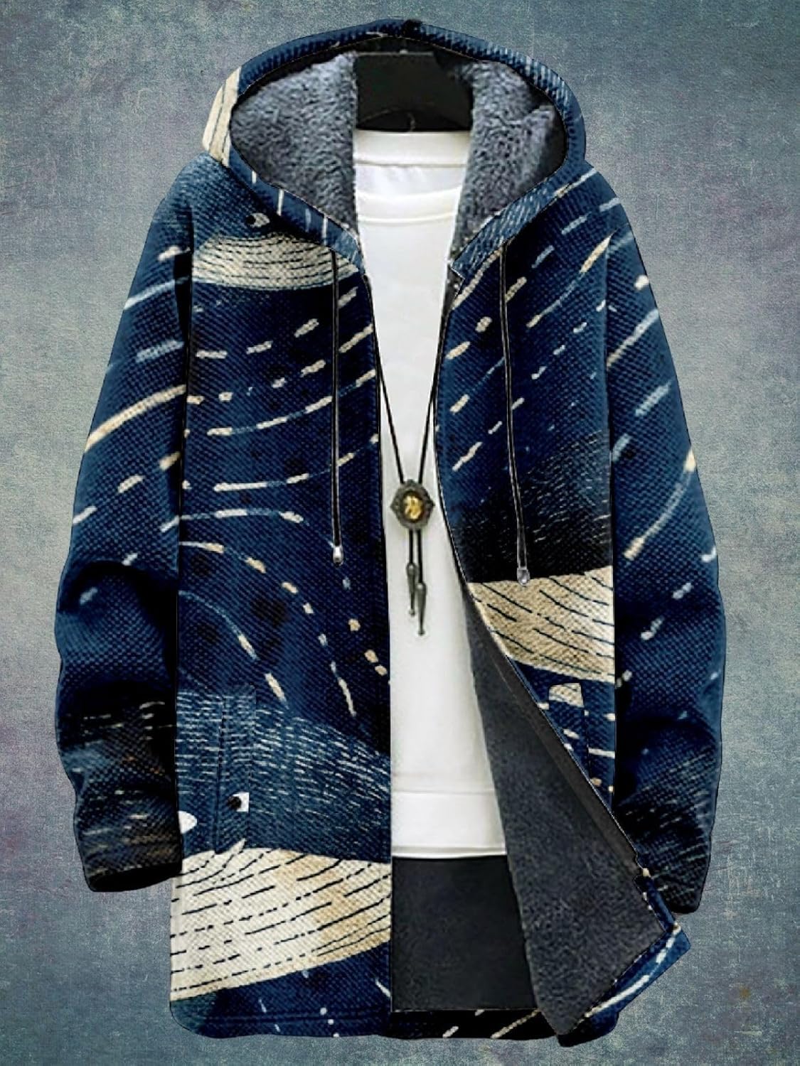 2025 Men's Ethnic Pattern Hooded Jacket Long Cardigan Hoodies Full Zip Vintage Knitted Zipper Coat with Pocket - Image 5