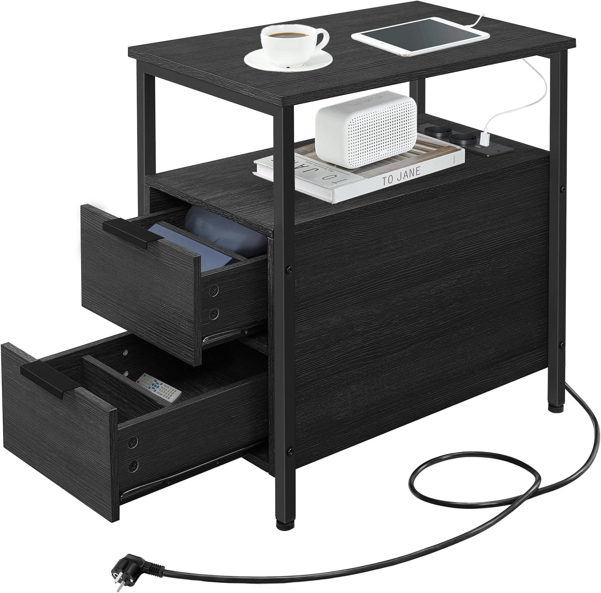 HOOBRO Beistelltisch Mit Ladestation Sofatisch Mit 2 Schubladen Nachttisch
