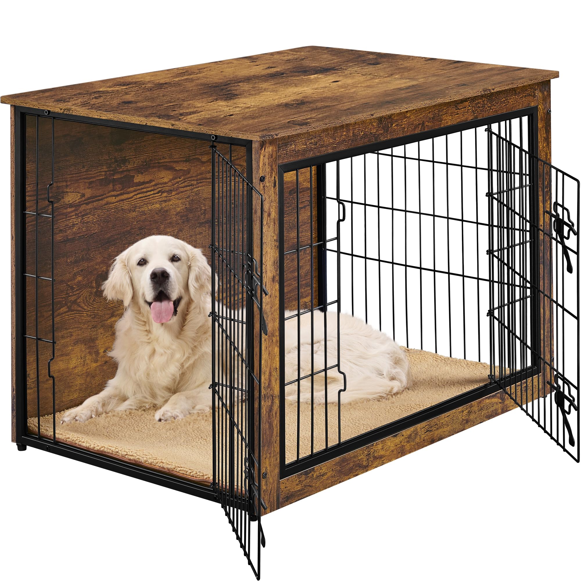 Yaheetech Gabbia per Cani Kennel Tavolino Armadietto con Doppie Porte Gatti a Rete in Legno da Interno (Marrone Rustico, 96 x 65 x 67,5 cm)
