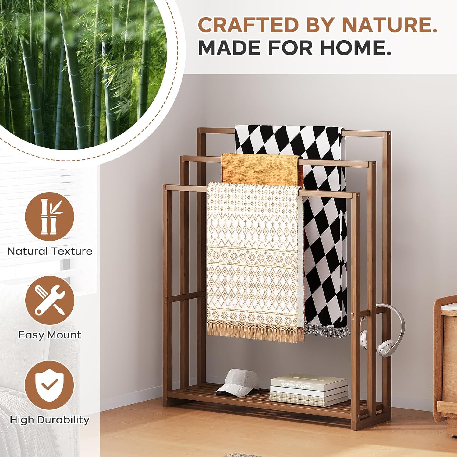 oakvivo 39.3'' Tall Freestanding Towel Rack, 3 Tier Blanket Racks with Shelf, Bamboo Towel Drying Rack for Laundry Bathroom Hand Towels Blanket Holder (Walnut)
