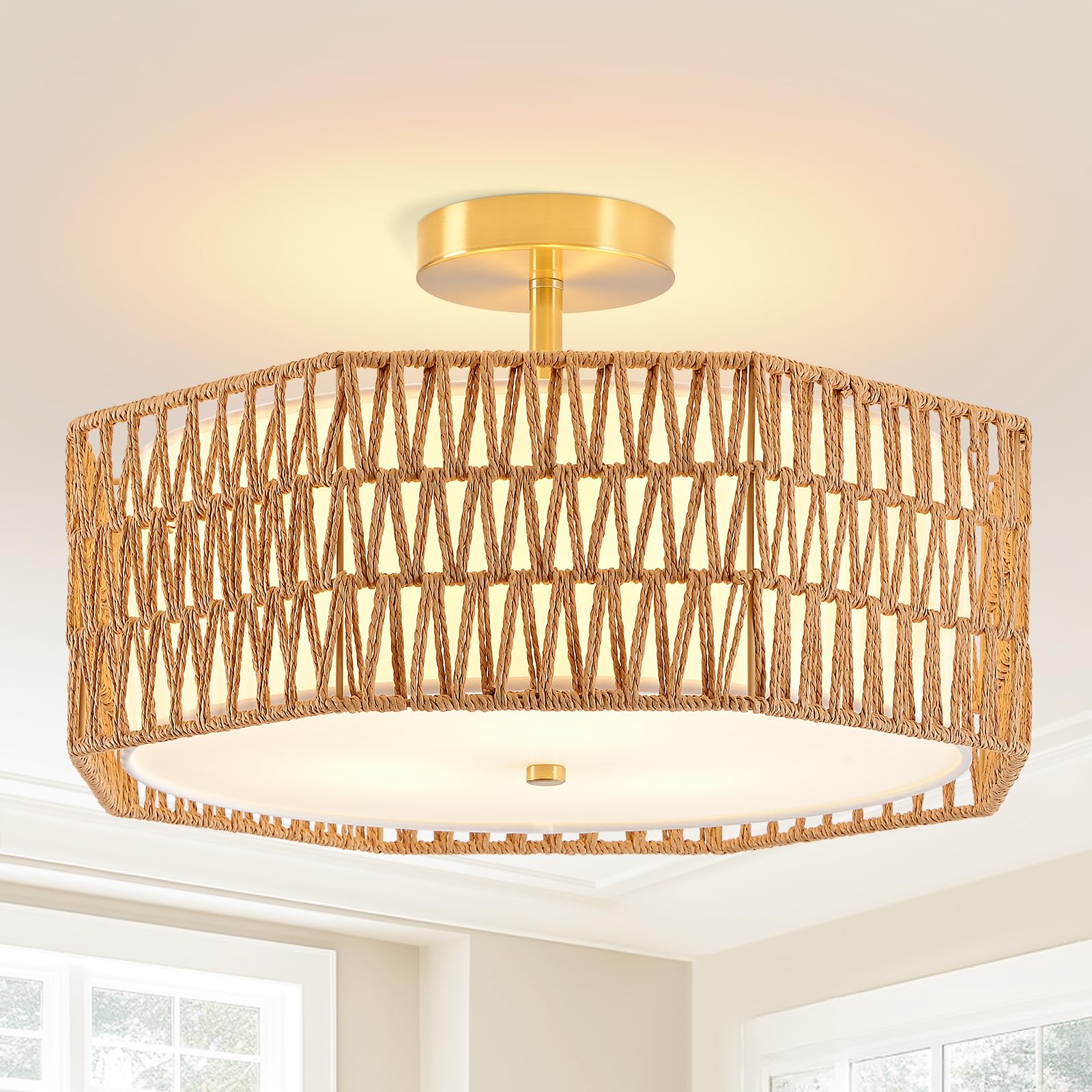 17.6" Boho Rattan Ceiling Light, 3-Light Bohemian Chandelier, Farmhouse Pendant Light with Natural Rattan Design for Living Room, Kitchen Island, Bedroom, Entryway,Foyer, Hallway