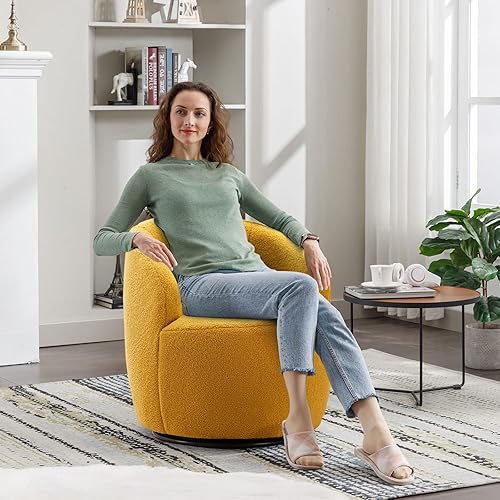 Miniatura 10 de KIVENJAJA Silla giratoria de barril tapizada de tela de peluche, moderna silla redonda con brazos, sillón pequeño giratorio de 360 grados para