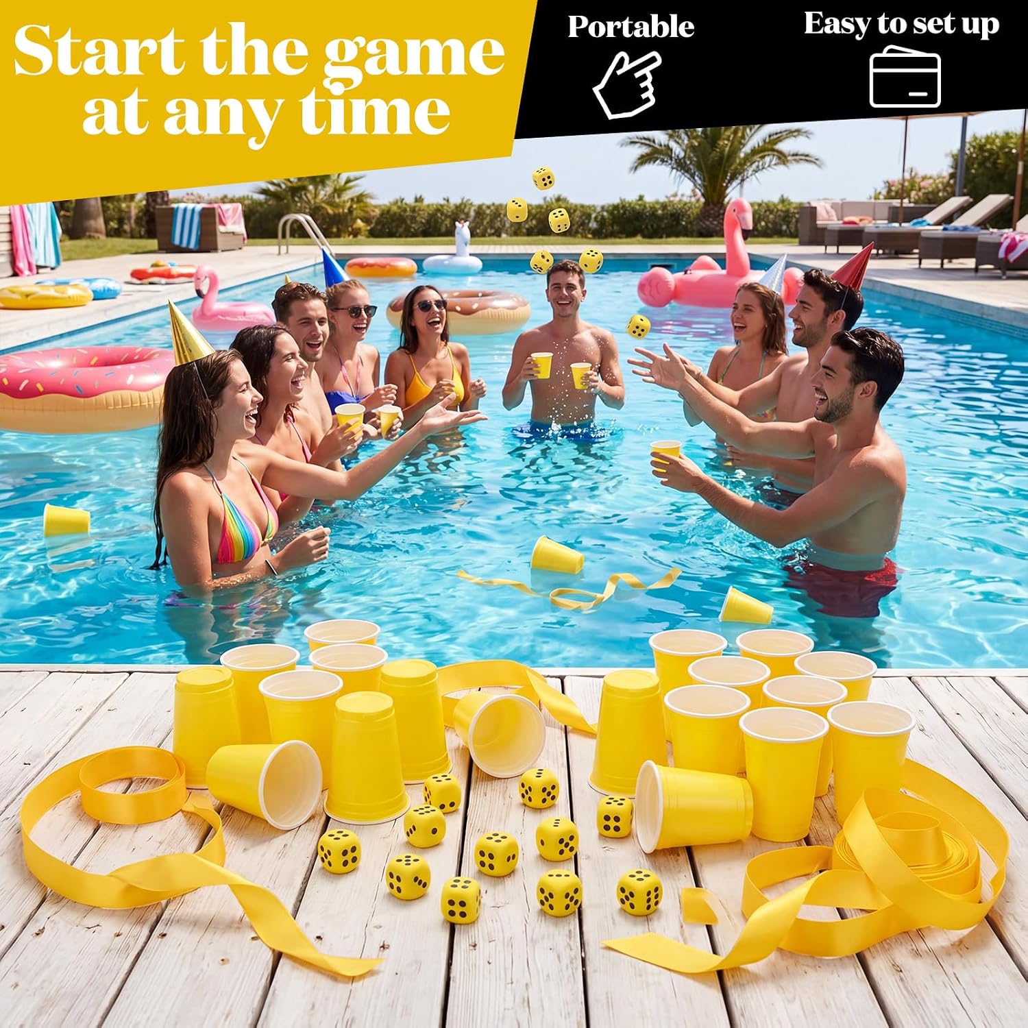 Competitive Pool Party Dice Game for Adults, 2-4 Players, Include 8 Floating Dice, 6 Battle Ready Cups and 100 yd Pool Divider(Yellow)