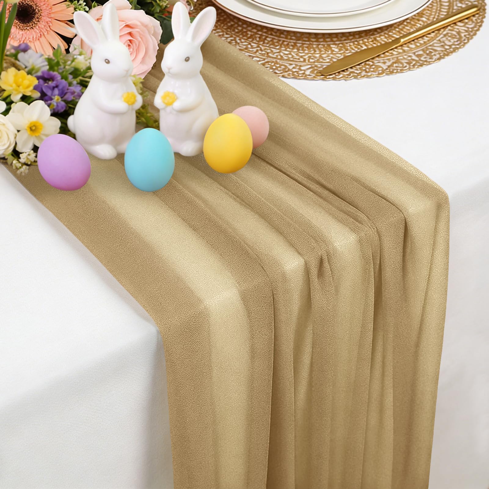 Tischläufer Dunkler Champagner Chiffon, 77 X 300 cm Weich und Bequem Tischläufer für Boho Hochzeit, Party, Taufe Dekor, Babyparty, Brautparty Küche Tisch Dekoration
