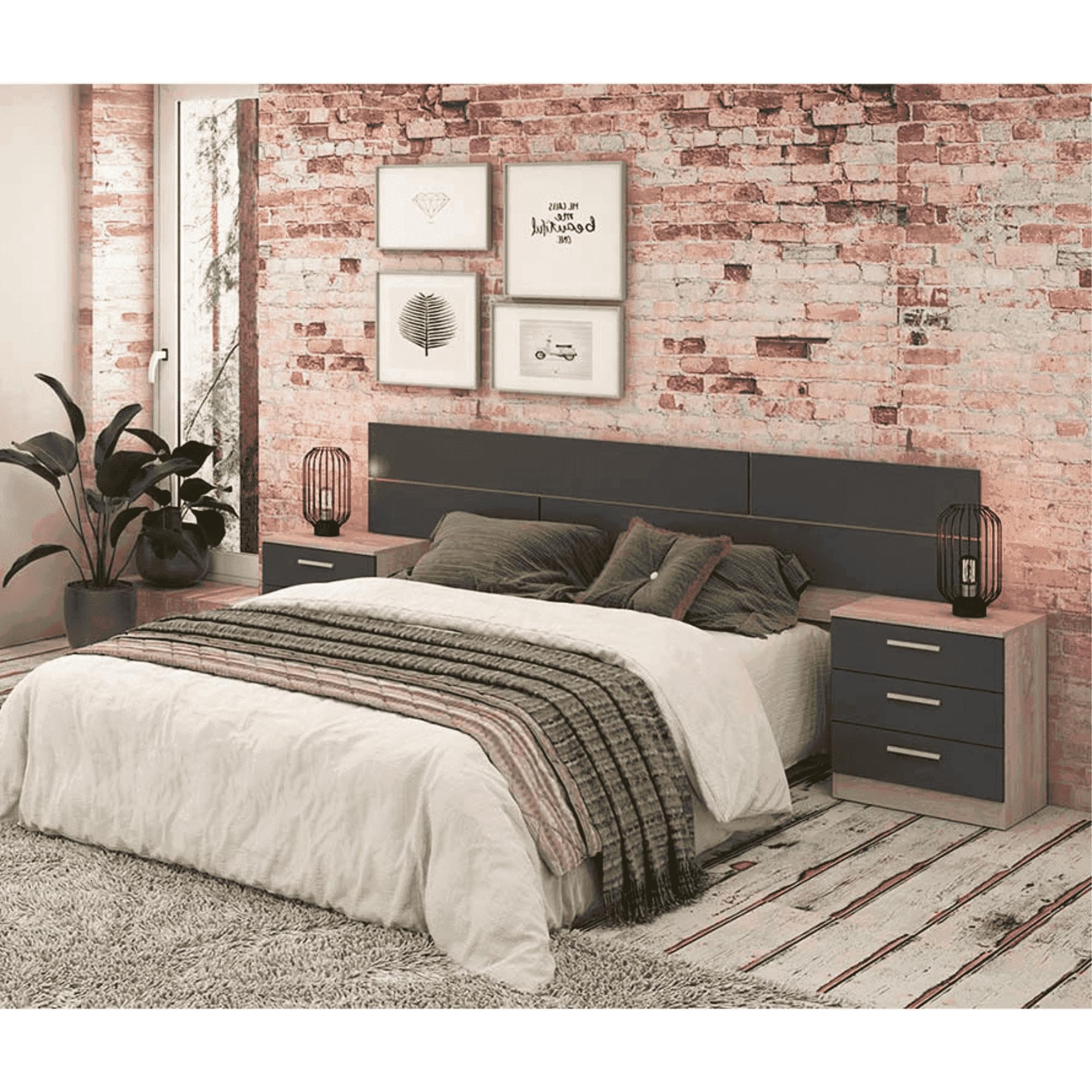 Pack Cabecero y 2 Mesitas de Noche, Dormitorio Doble, Dormitorio Completo, Acabado en Cambria y Grafito, Medidas: 220 cm (An) x 50 cm (Al) x 35 cm (Fon)