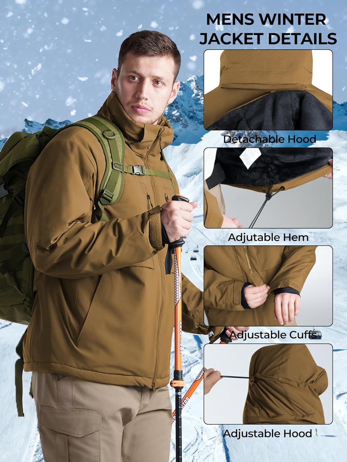 Men's Winter Insulated Coat Warm Water Resistant Skiing Parka Jacket Fleece Lined Detachable Hood 7 Pockets Work Coat - Image 4