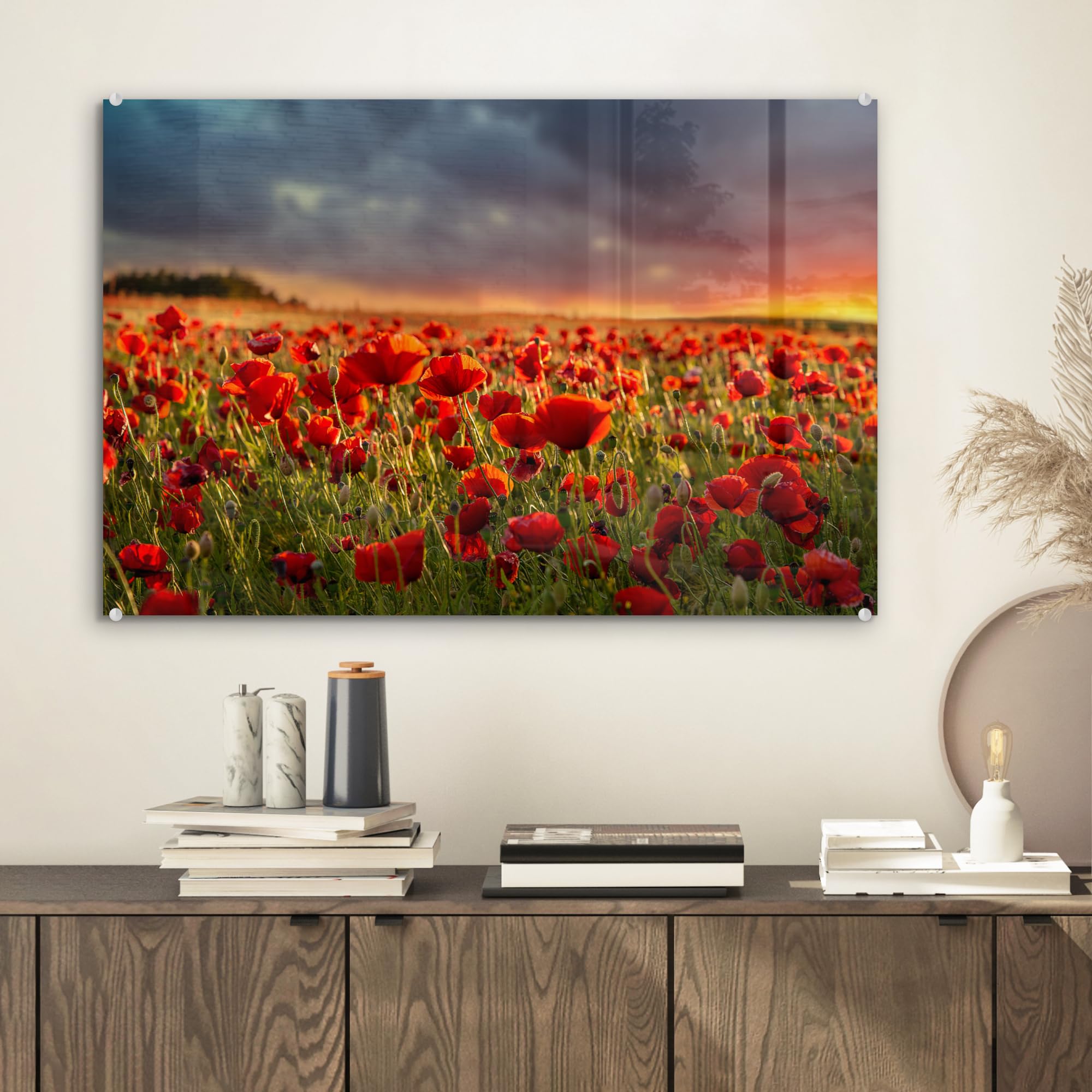 MuchoWow© Stampe In Vetro 60x40 cm Immagine Giorno Interni Notte Moderno Accessori Arredo Poster Murale Cornice Decorazione Pareti Tramonto - Papaveri - Rosso - Fiori - Campo - Natura