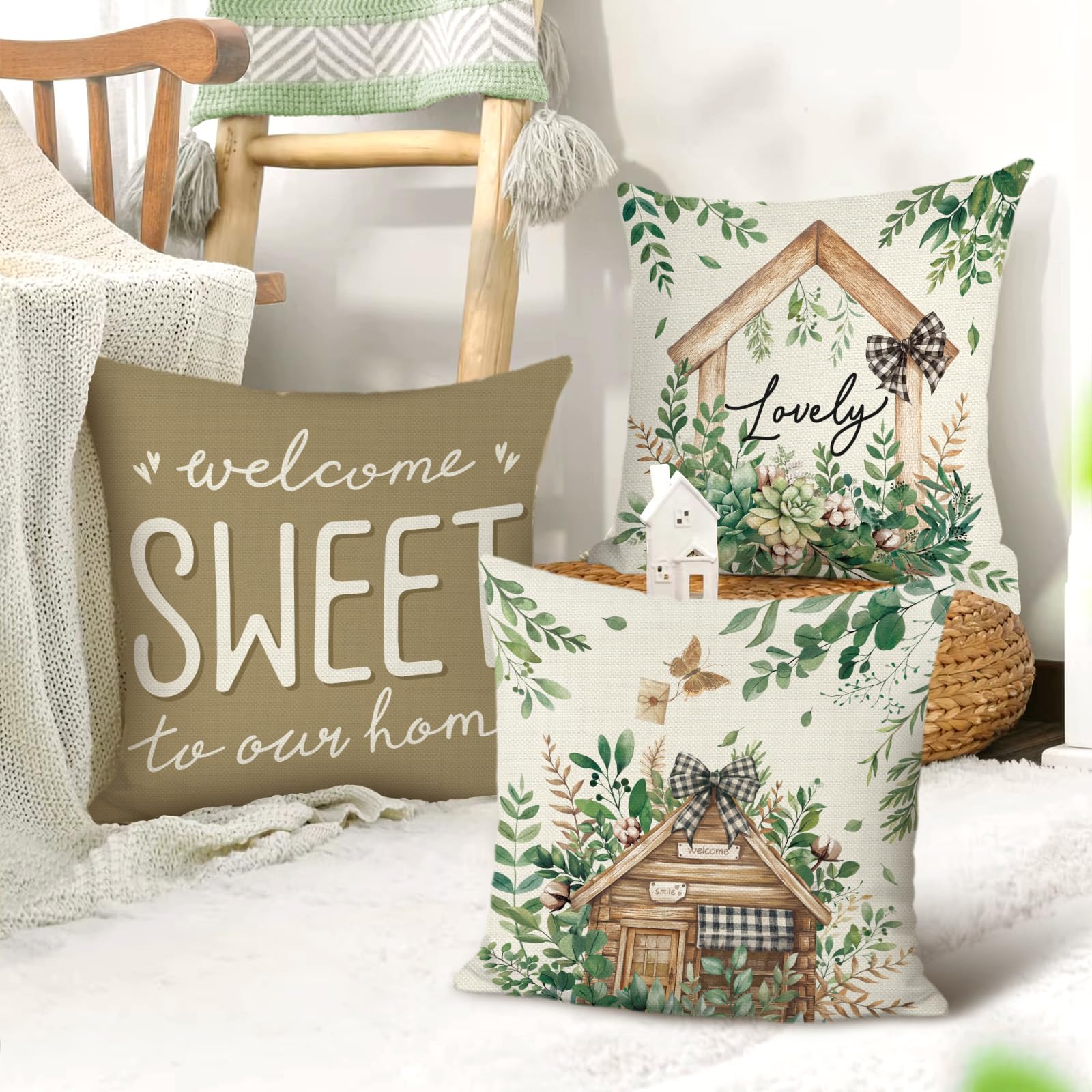 Seprendi Set di 4 federe per cuscini primaverili, decorazioni primaverili, eucalipto, casale, 45 x 45 cm, per divano
