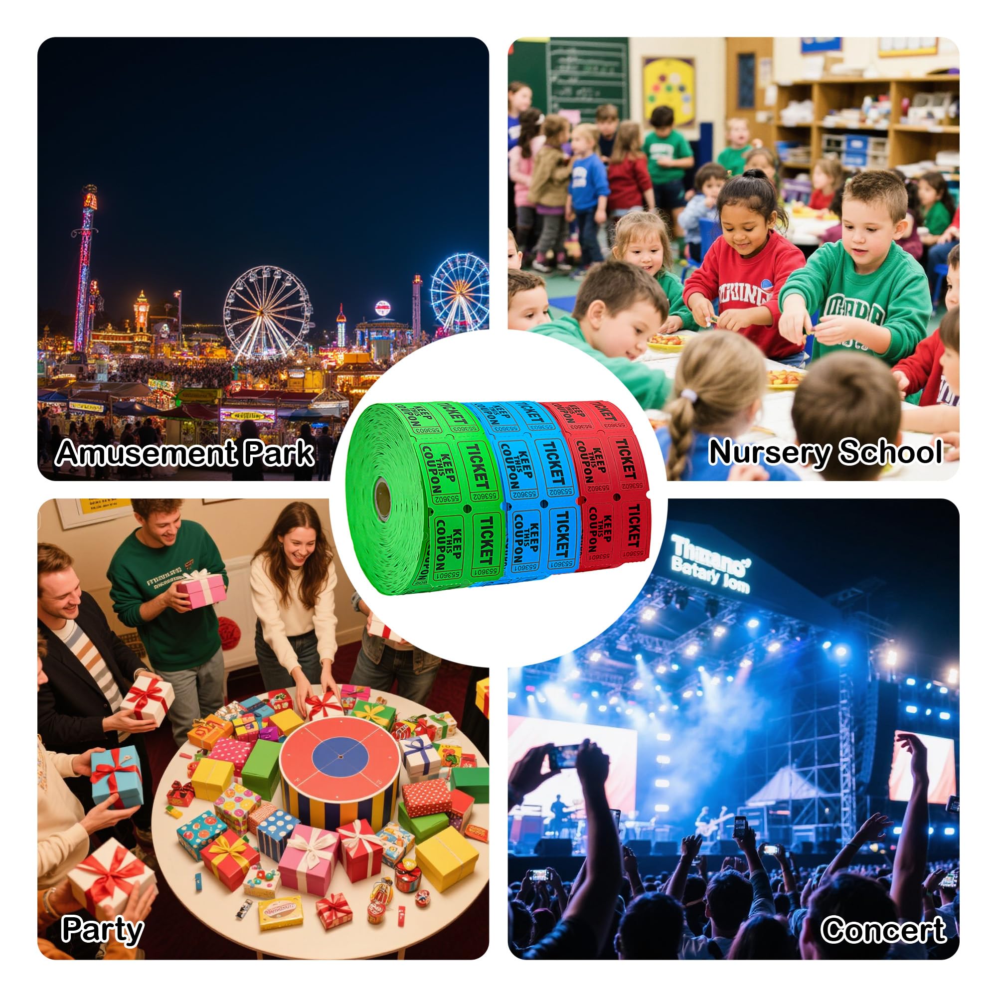 Homrelaxy 3600 boletos dobles para rifa, 1200 boletos por rollo, surtido de boletos de rifa 50/50 para eventos, entradas, carnavales y premios de puerta (azul/rojo/verde)
