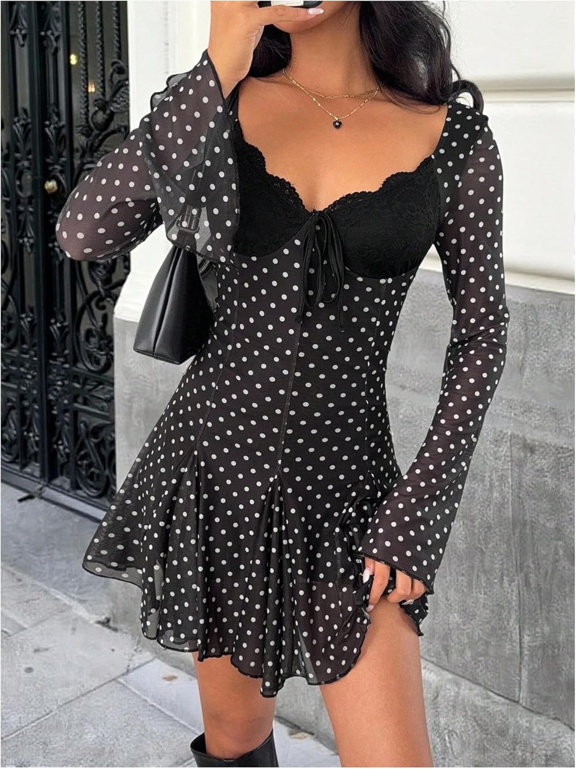 Verdusa Women's Rave Polka Dots Lace Tie Knot Mini Dress Mesh Flare Sleeve Flowy Dresses Party Outfits - Image 4
