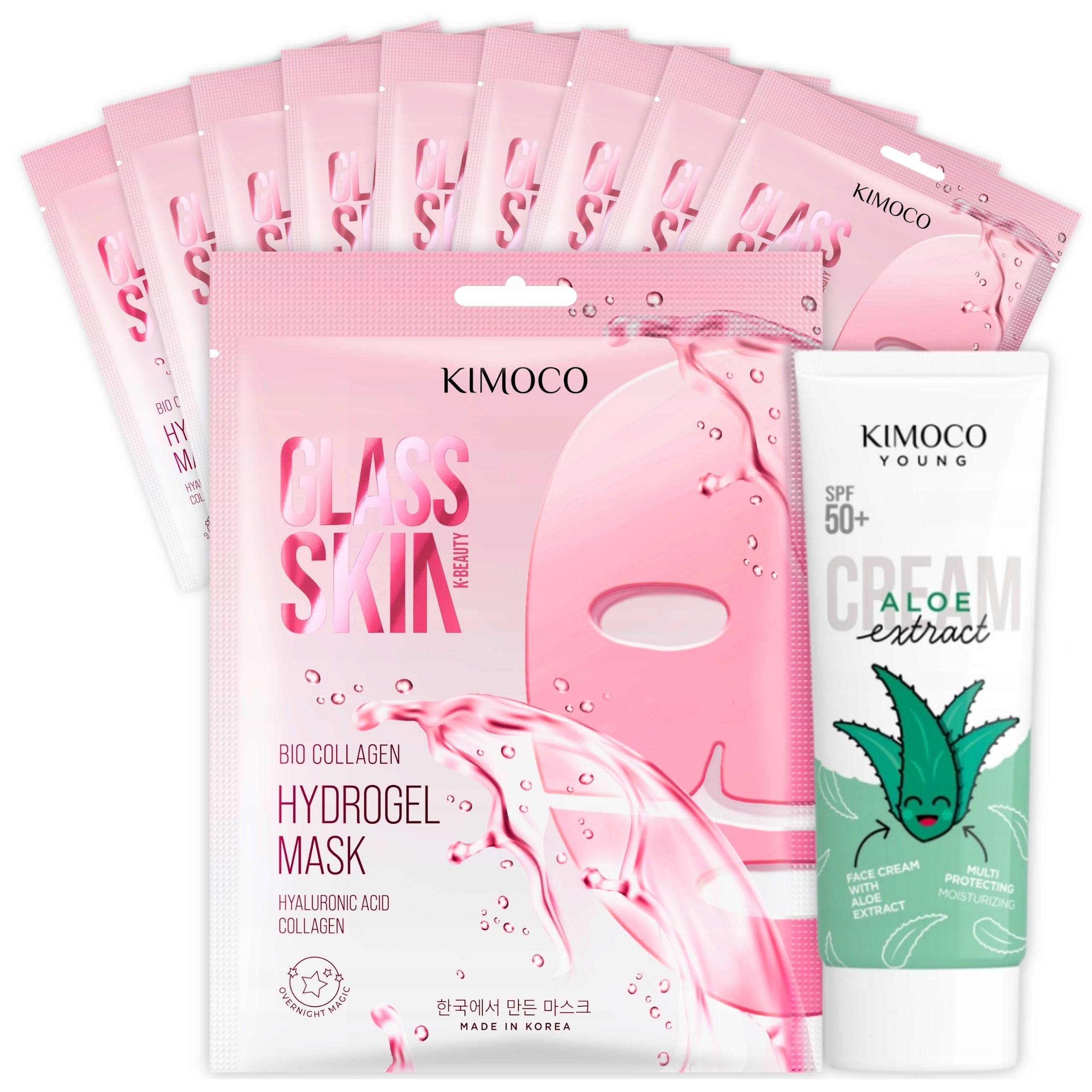 KIMOCO Glass Skin Zestaw 10 Masek Hydrożelowych w Płachcie Krem Aloes SPF50 | Kwas Hialuronowy i Kolagen, Efekt Glass Skin, Ekstrakt z Aloesu, 32 ml na Maskę, K-Beauty