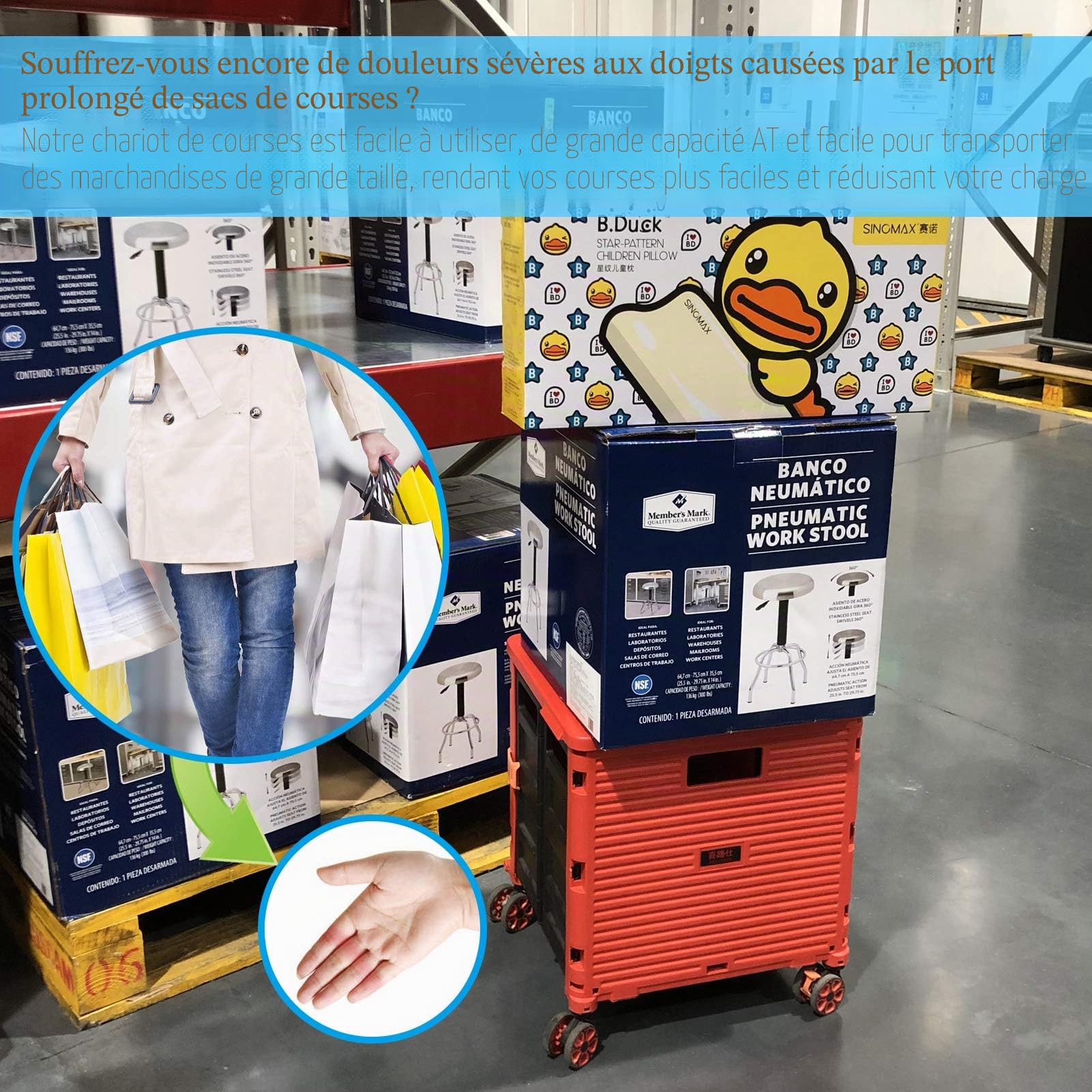 Caddie Pliable à Roulette, 54L/45KG Chariot Utilitaire Multifonctionnel et Durable de Grande Capacité avec Poignée Télescopique et 4 Roues Pivotantes Démontables pour Achats et Transportez, Rouge