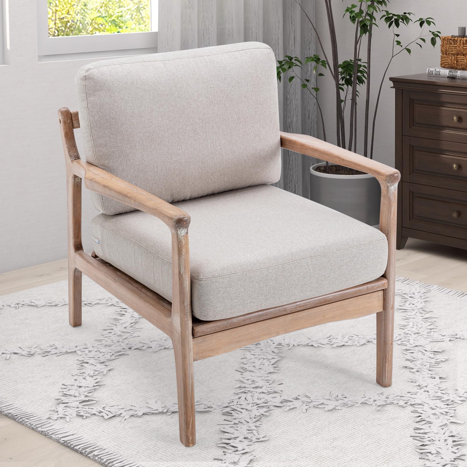 Bonzy Home Linen Fabric Mid Century Modern Chair, Solid Wood Frame Armchair with Removable Cushions, Upholstered Accent Chair for Living Room Bedroom,Easily Assembled