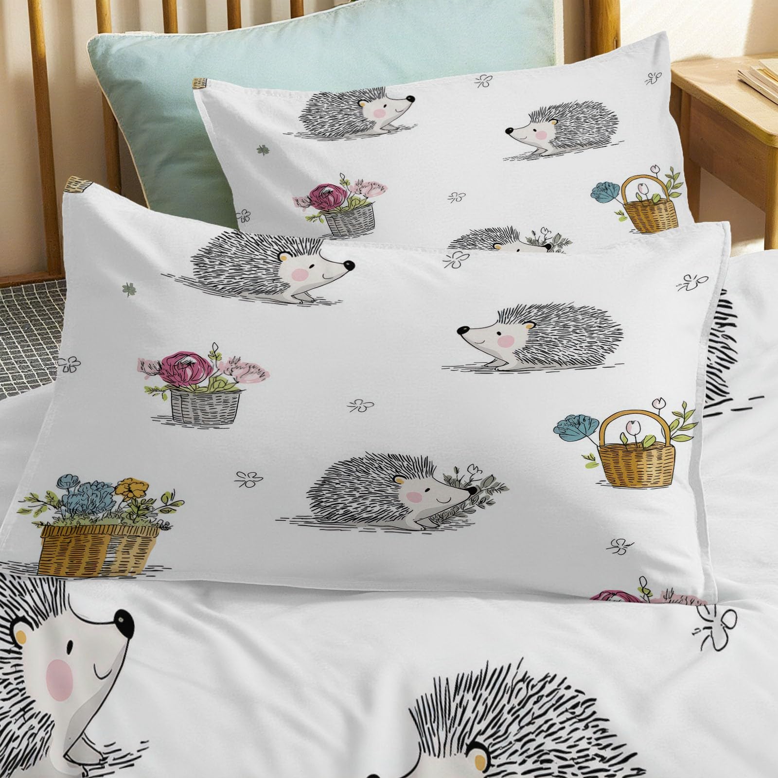 Dziecko niewinny rysunek ręcznie prosta poszwa na kołdrę 260x240 cm, kosz na kwiaty jeż zestaw pościeli 2-osobowej, hipoalergiczny oddychający biały komplet pościeli z poszewką na poduszkę 65x65
