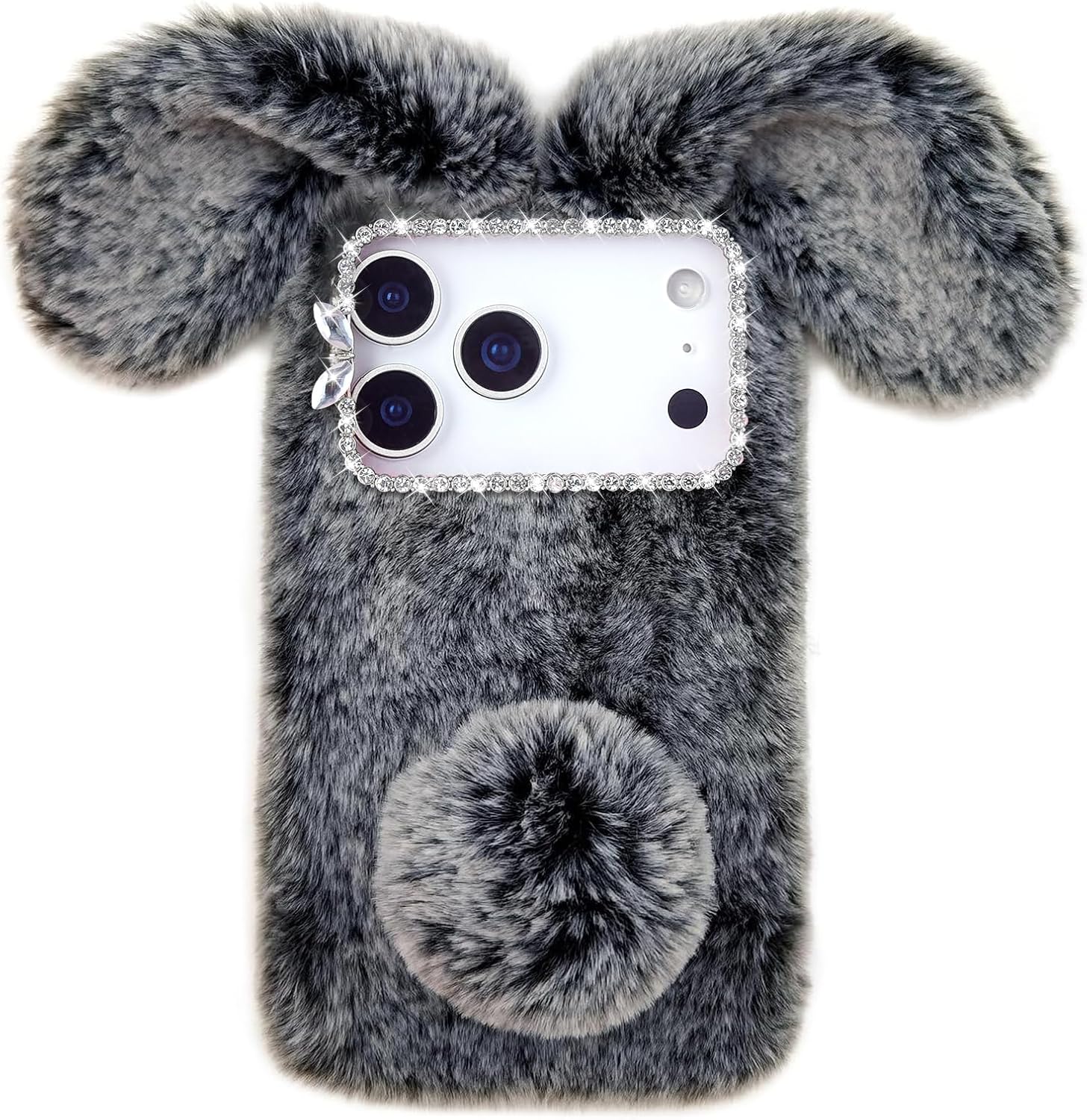 Faux Rabbit Fur Compatible with iPhone 17 Pro Max Case, Bling Diamond Cute 3D Bunny Ear Plush Phone Case, Luxury Warm Soft Fluffy Protective Cover for Women Girls