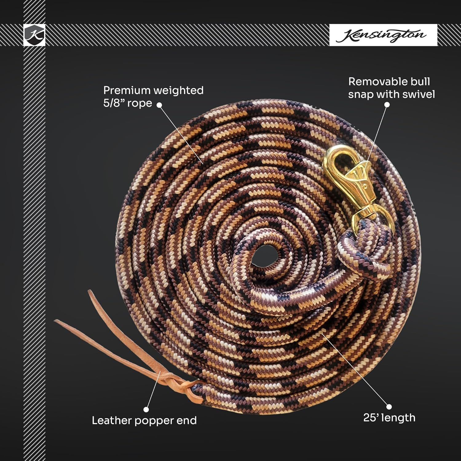 Kensington Clinician Equine Training Lead/Lunge Rope – 25ft Heavy Duty Braided Horse Lead with Swivel Bull Snap | Color: 165 - Merlot