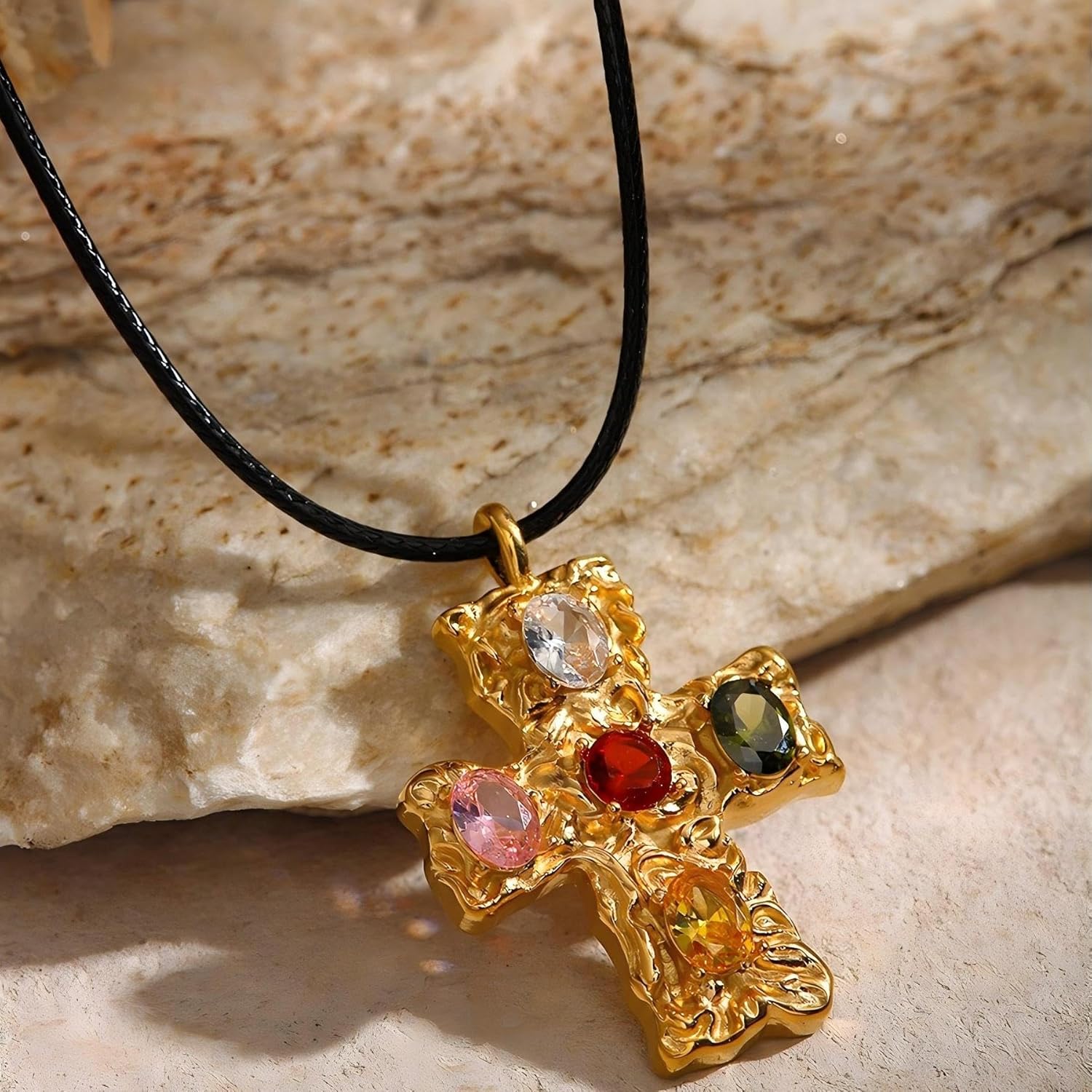 18K Gold Plated Color Cubic Zirconia Cross Faith Pendant Necklace, Hypoallergenic 19+2 inches Adjustable Black String Hammered Necklace for Women