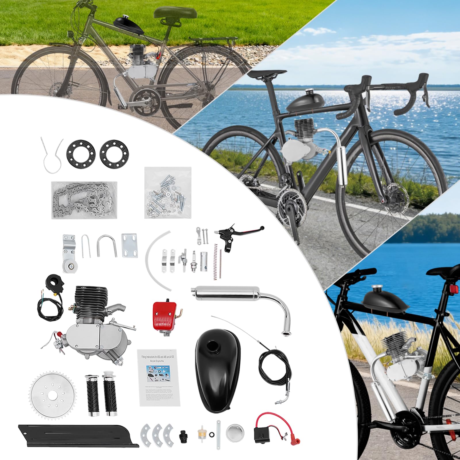 100cc 2 Takt Fahrrad Motor Kit 36 Zähne CDI Luftgekühlt 45km/h 2L Tank