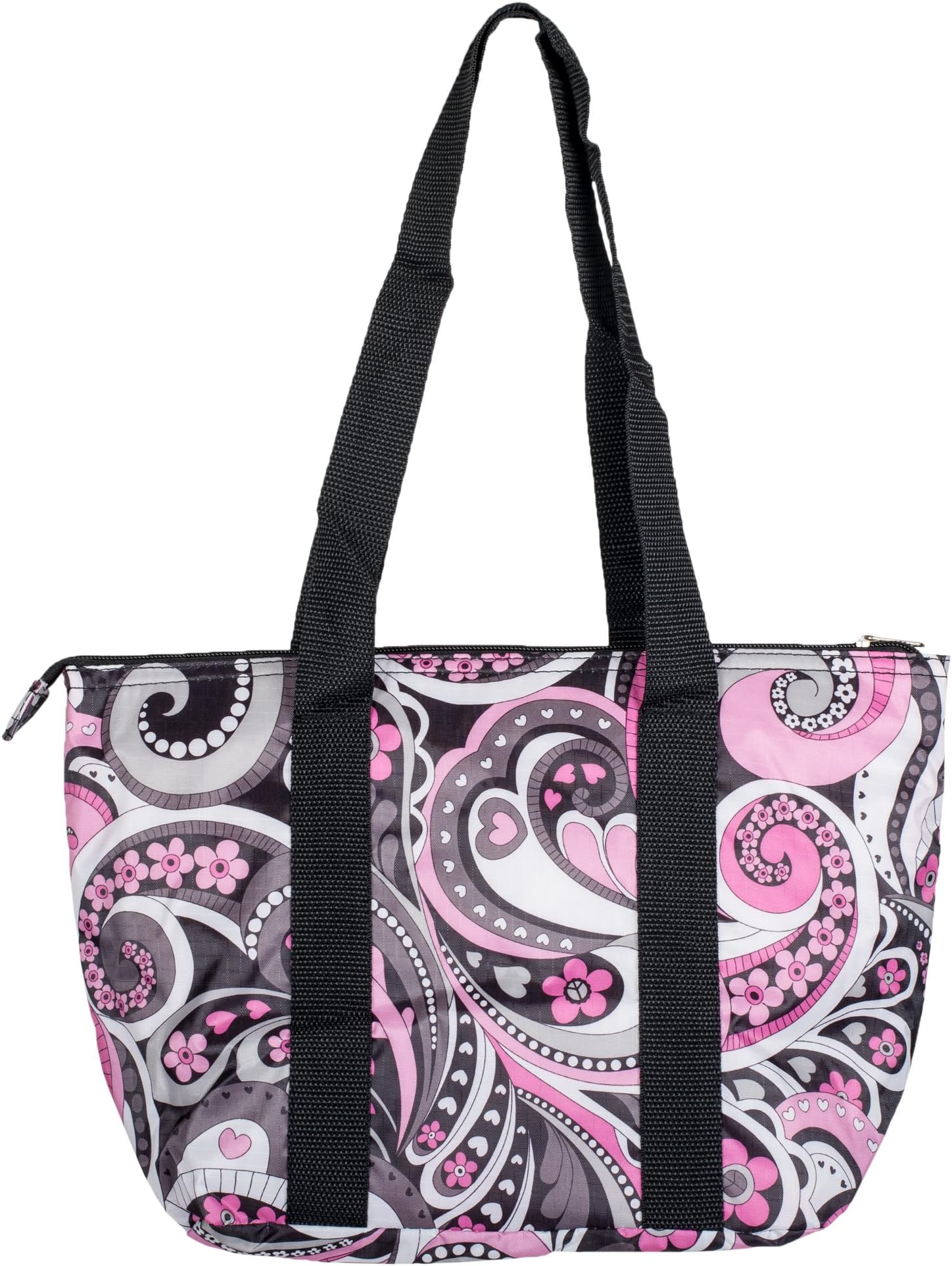 Purple Pink Flowers Design Polyester 10 inch Shoulder Strap Insulated Lunch Tote