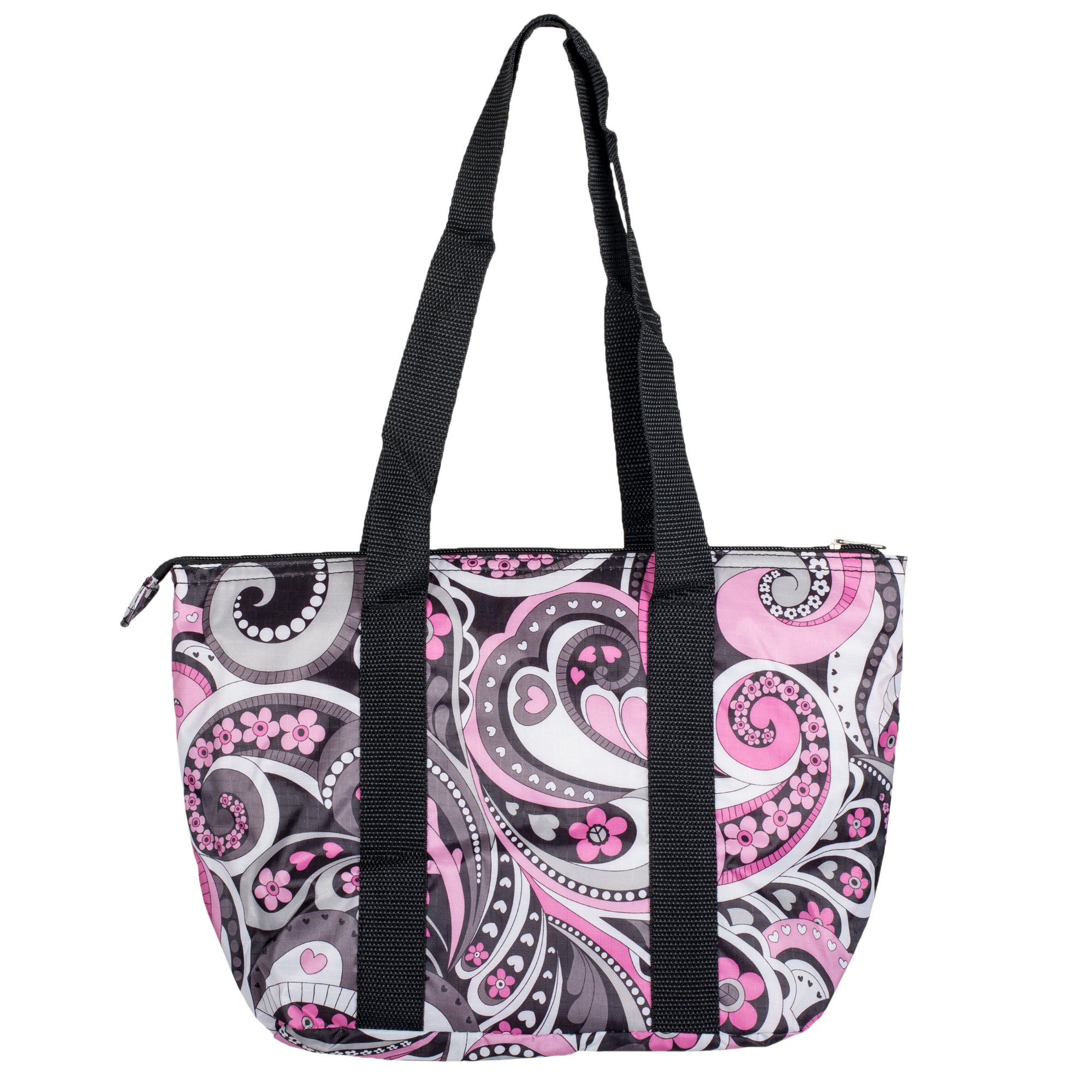 Purple Pink Flowers Design Polyester 10 inch Shoulder Strap Insulated Lunch Tote
