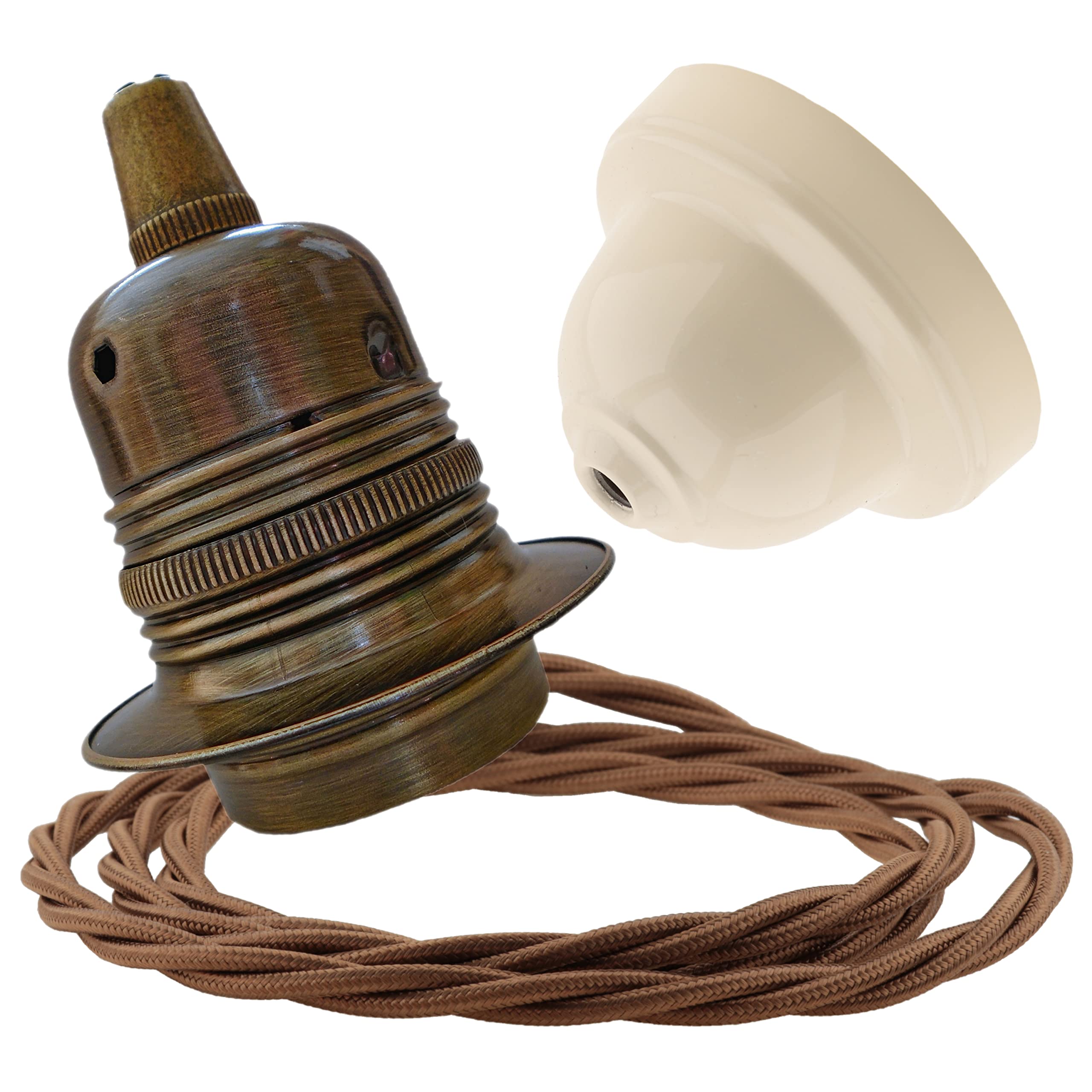 Repaireum Ltd. Pendant Kit with Ivory Bakelite Ceiling Cup E27 Antique Brass Lampholder and Bronze Flex