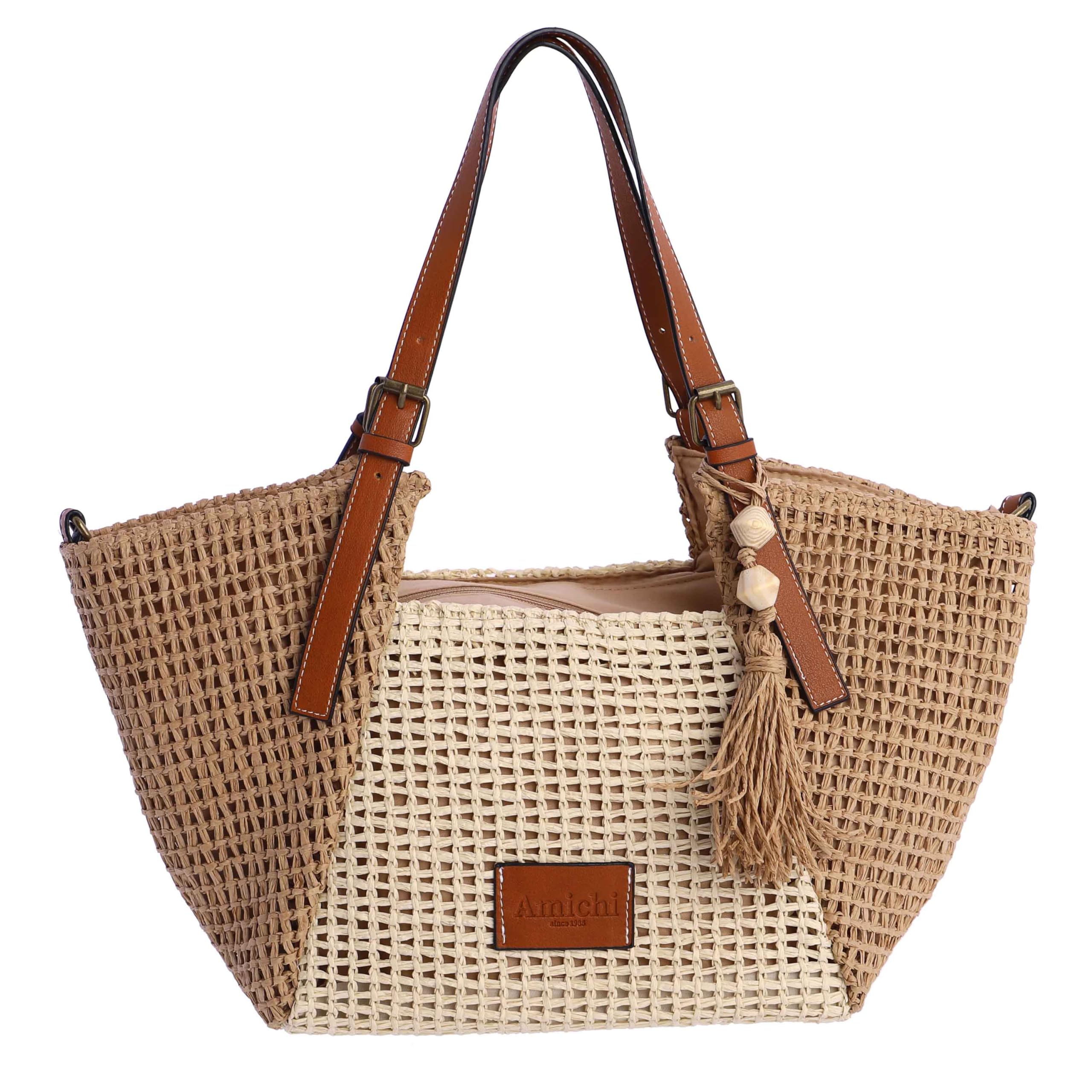 AMICHI - Bolso de mano de rafia para mujer - Bolso mano playa mujer - Bolsa playa para mujer, Nerja