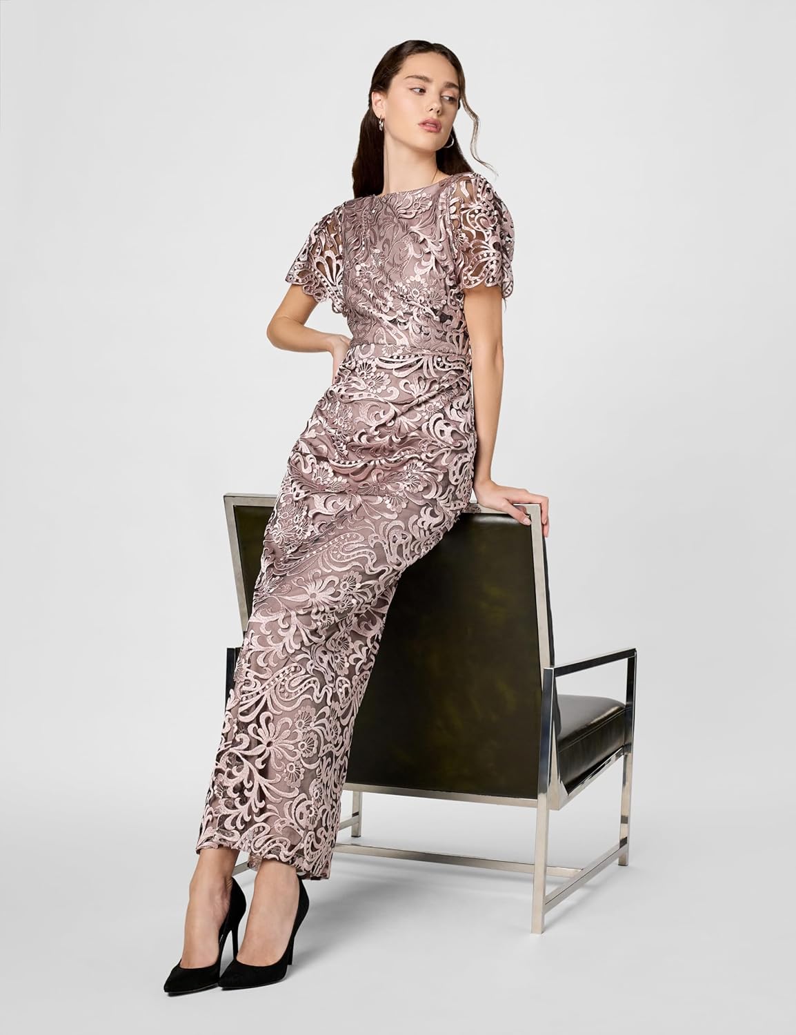 JS Collections Womens Embroidered Mesh Flutter Gown - Image 2