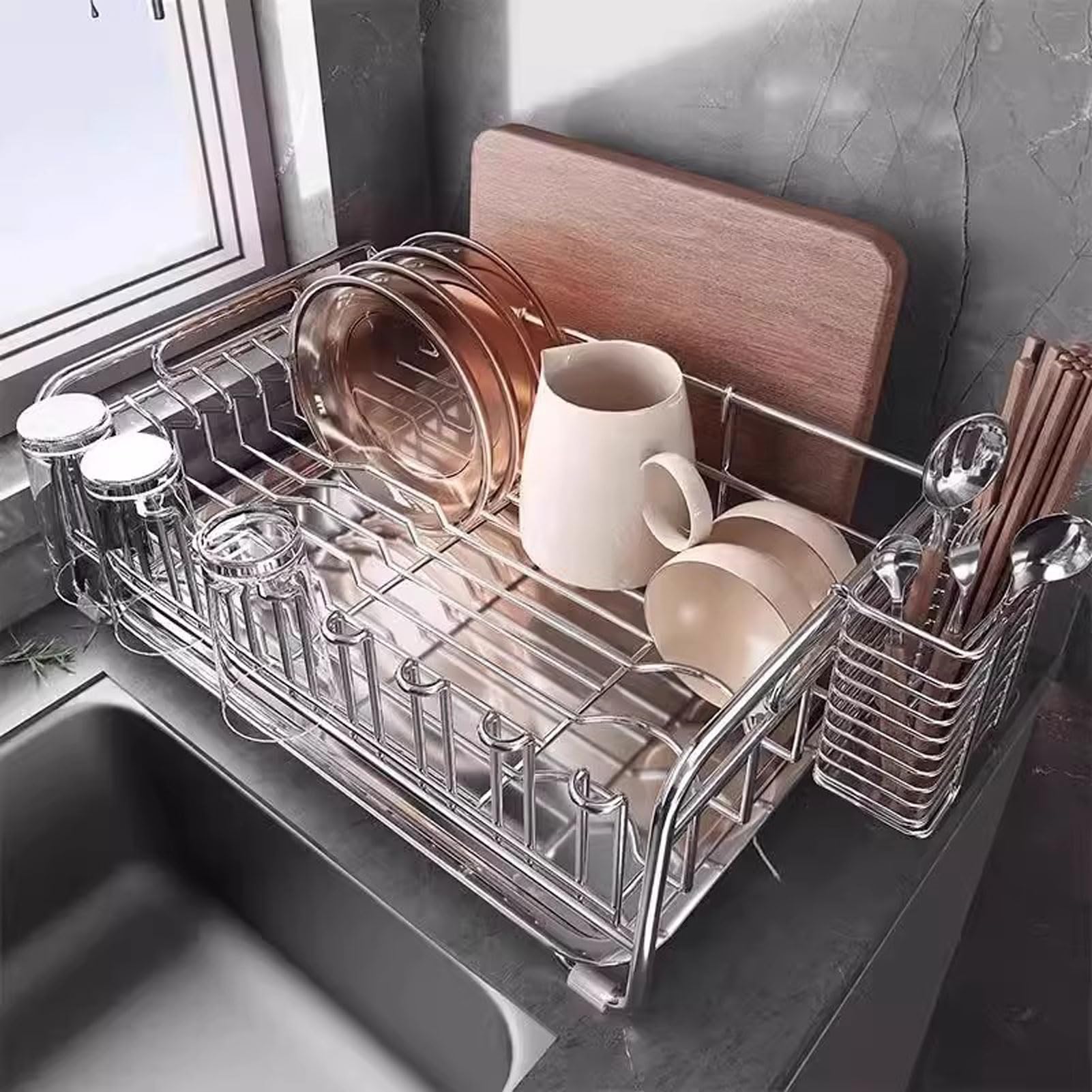 Scolapiatti in Acciaio Inox con Vassoio Rimovibile, Ideale per Piatti e Ciotole, da appoggio sul Piano di Lavoro della Cucina (36x20,5 cm)