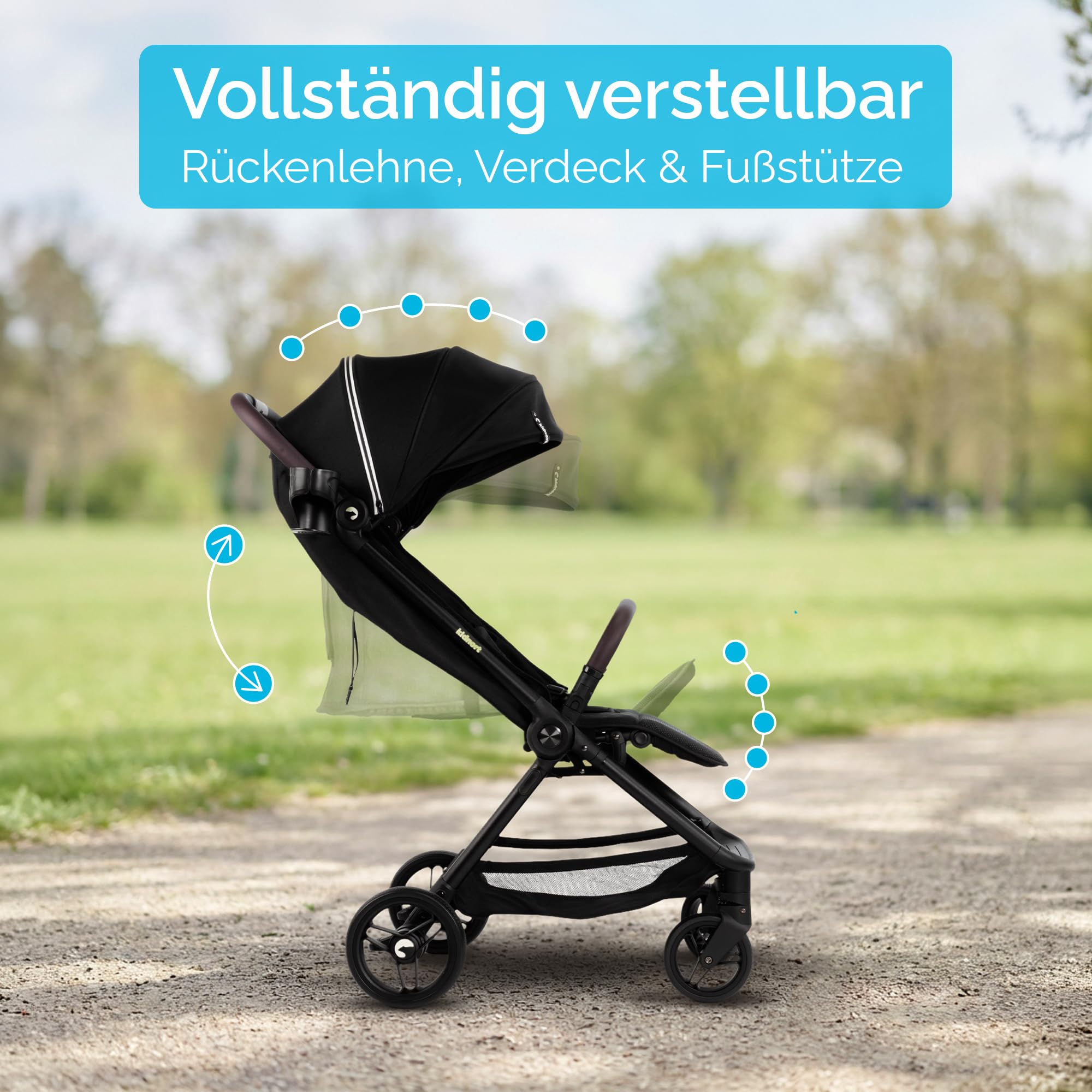 Snøugle Reisebuggy leicht faltbar mit Liegefunktion, Einhand-Faltung, bis 22 kg, 5-Punkt-Gurt, Federung, Verdeck Schwarz