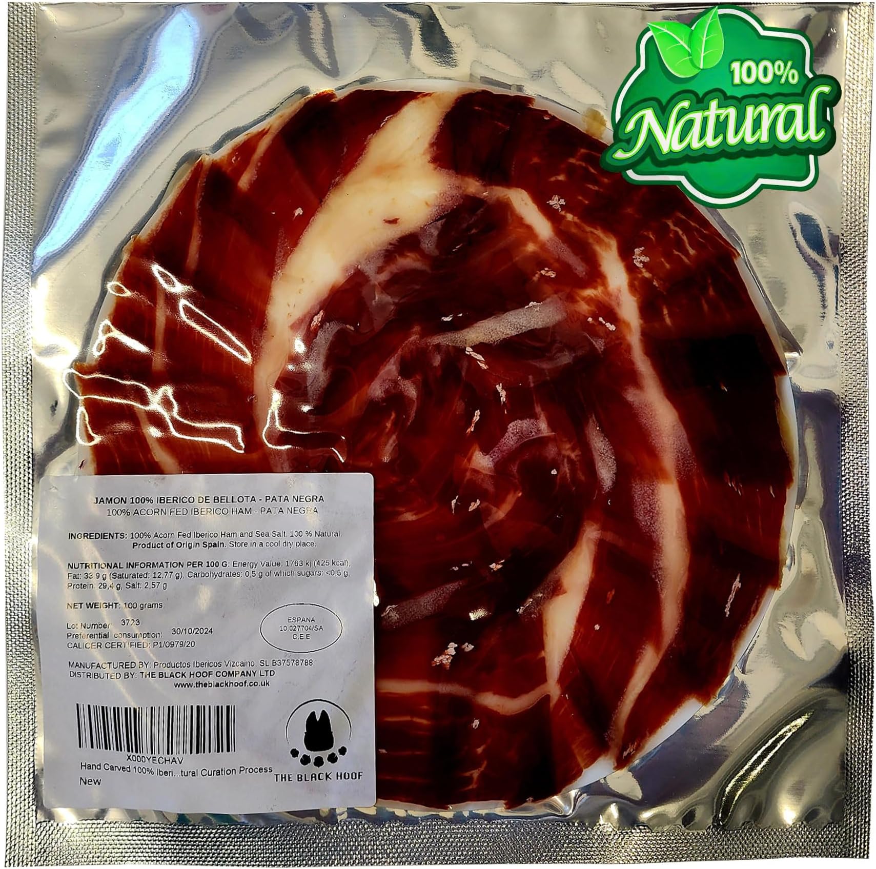 Hand Carved 100% Iberico Ham BELLOTA Pata Negra 36+ Months - 100 Grams Bellota Iberico Ham Slices with 100% Natural Curation Process