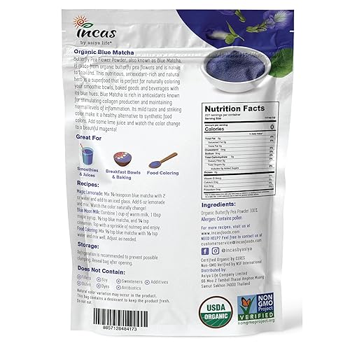 Miniatura 10 de INCAS - Polvo de flor de guisante mariposa 100% orgánico USDA  4 onzas  Té Matcha azul orgánico  Extracto verificado sin OMG de Tailandia  Culinario