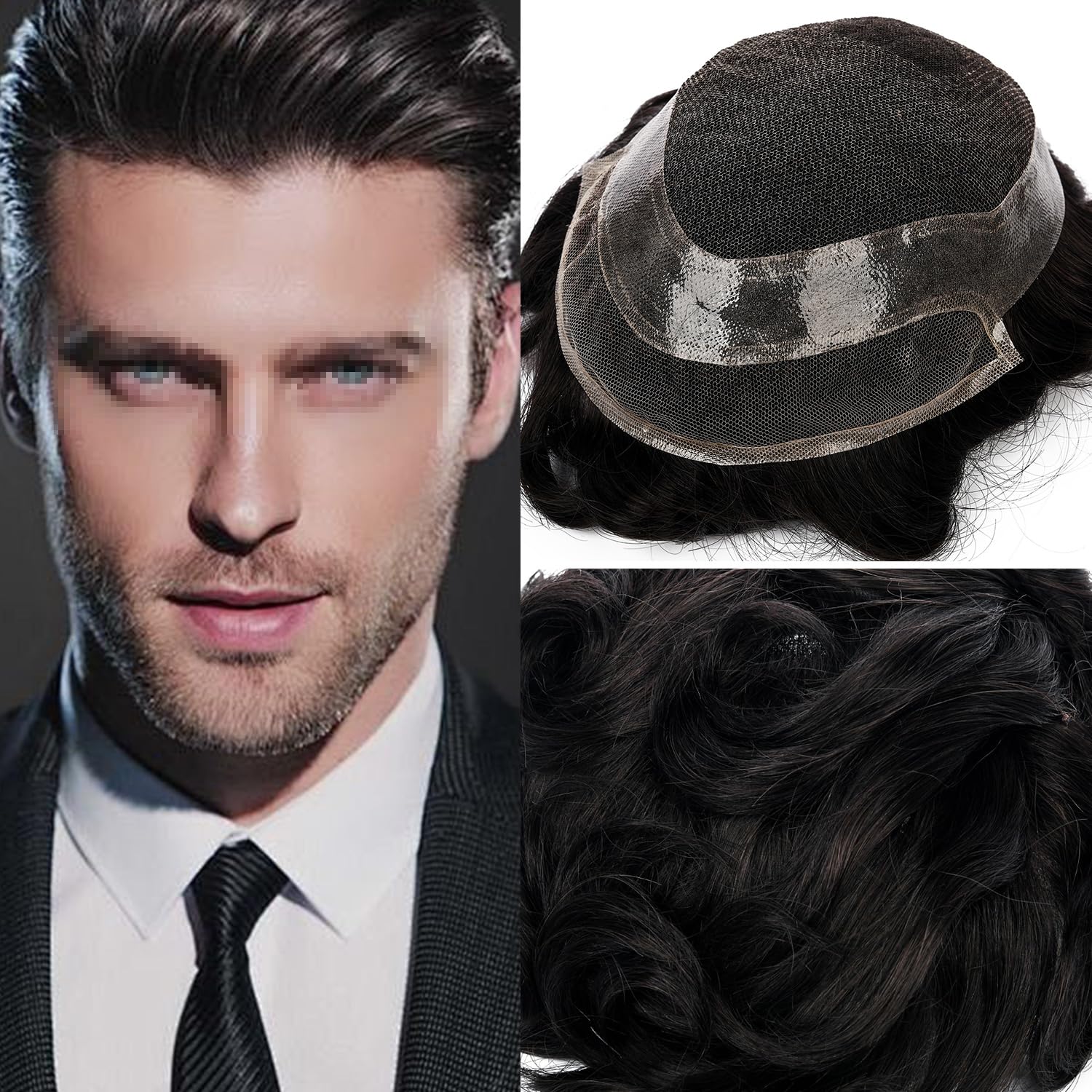 Toupee For Men Hair Replacement System Swiss lace Men Toupee European Human Hair HD Lace Hair System Poly Skin PU Around Men Hair Piece. (1B# Off Black, 6x8"-100% Light Med-Light Density)