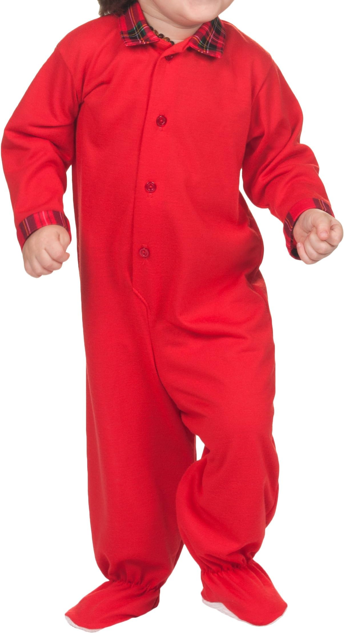 Tom & Jerry Baby Boys Solid Red Footed Button-Up Jumpsuit Plaid Trim (NB - 24m)